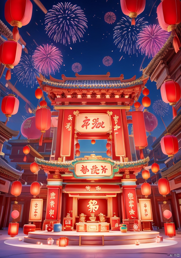 shenian,Lnianhuo,E-commerce booth,ornamental,Lnianhuo Chinese New Year night sky with a lot of fireworks blooming and flying in the background there is an ancient Chinese building the building is red and blue and yellow lights the building is dotted with red Chinese lanterns shot at eye level the Chinese building mounted in front of an e-commerce showcase the showcase is decorated with a bunch of household appliances used for display there are small pink appliances in the middle of the stage hanging Chinese lanterns adding a touch of color to the scene! color. Each one has a unique design. The whole building has a dark blue sky as the background dotted with white fireworks E-commerce booth,