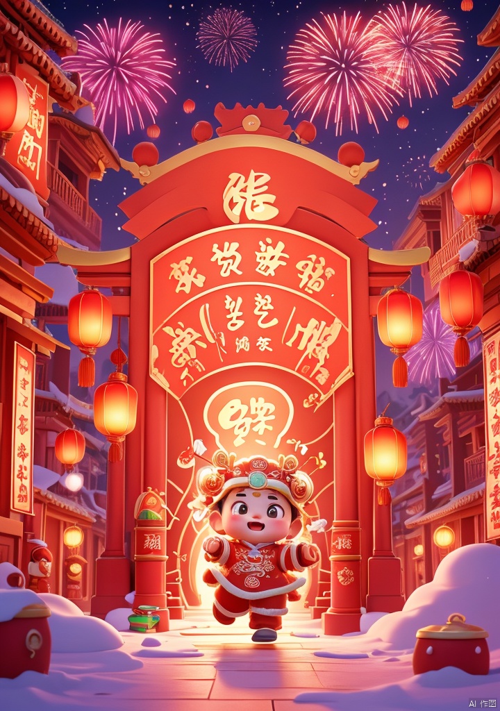 xiqing,A 3D animation depicting a festive Chinese New Year scene. In the foreground,one children in traditional red clothing,running happily,He was holding a large box in his hand,filled with gifts,and behind them is a big red traditional Chinese archway with lanterns and large golden characters for "Fu". In the background,other characters,including adults and children,are dressed in festive costumes and setting off fireworks to celebrate the arrival of the Spring Festival. The sky is lit up by colorful fireworks in pink and purple hues,and the whole scene is filled with a joyful and festive atmosphere .,