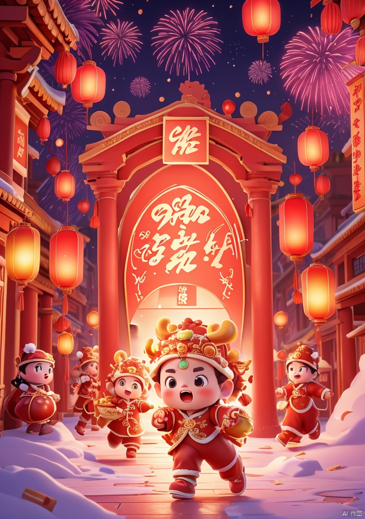 xiqing,A 3D animation depicting a festive Chinese New Year scene. In the foreground,one children in traditional red clothing,running happily,He was holding a large box in his hand,filled with gifts,and behind them is a big red traditional Chinese archway with lanterns and large golden characters for "Fu". In the background,other characters,including adults and children,are dressed in festive costumes and setting off fireworks to celebrate the arrival of the Spring Festival. The sky is lit up by colorful fireworks in pink and purple hues,and the whole scene is filled with a joyful and festive atmosphere .,