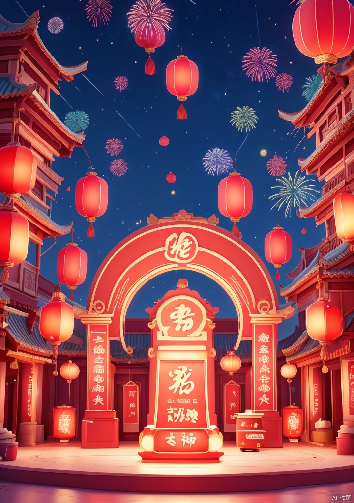 xiqing,E-commerce booth,ornamental,Lnianhuo Chinese New Year night sky with a lot of fireworks blooming and flying in the background there is an ancient Chinese building the building is red and blue and yellow lights the building is dotted with red Chinese lanterns shot at eye level the Chinese building mounted in front of an e-commerce showcase the showcase is decorated with a bunch of household appliances used for display there are small pink appliances in the middle of the stage hanging Chinese lanterns adding a touch of color to the scene! color. Each one has a unique design. The whole building has a dark blue sky as the background dotted with white fireworks E-commerce booth,