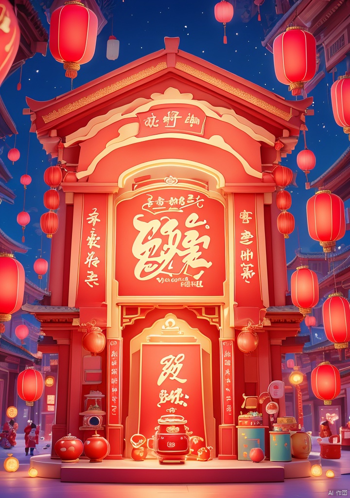 xiqing,E-commerce booth,ornamental,Lnianhuo Chinese New Year night sky with a lot of fireworks blooming and flying in the background there is an ancient Chinese building the building is red and blue and yellow lights the building is dotted with red Chinese lanterns shot at eye level the Chinese building mounted in front of an e-commerce showcase the showcase is decorated with a bunch of household appliances used for display there are small pink appliances in the middle of the stage hanging Chinese lanterns adding a touch of color to the scene! color. Each one has a unique design. The whole building has a dark blue sky as the background dotted with white fireworks E-commerce booth,