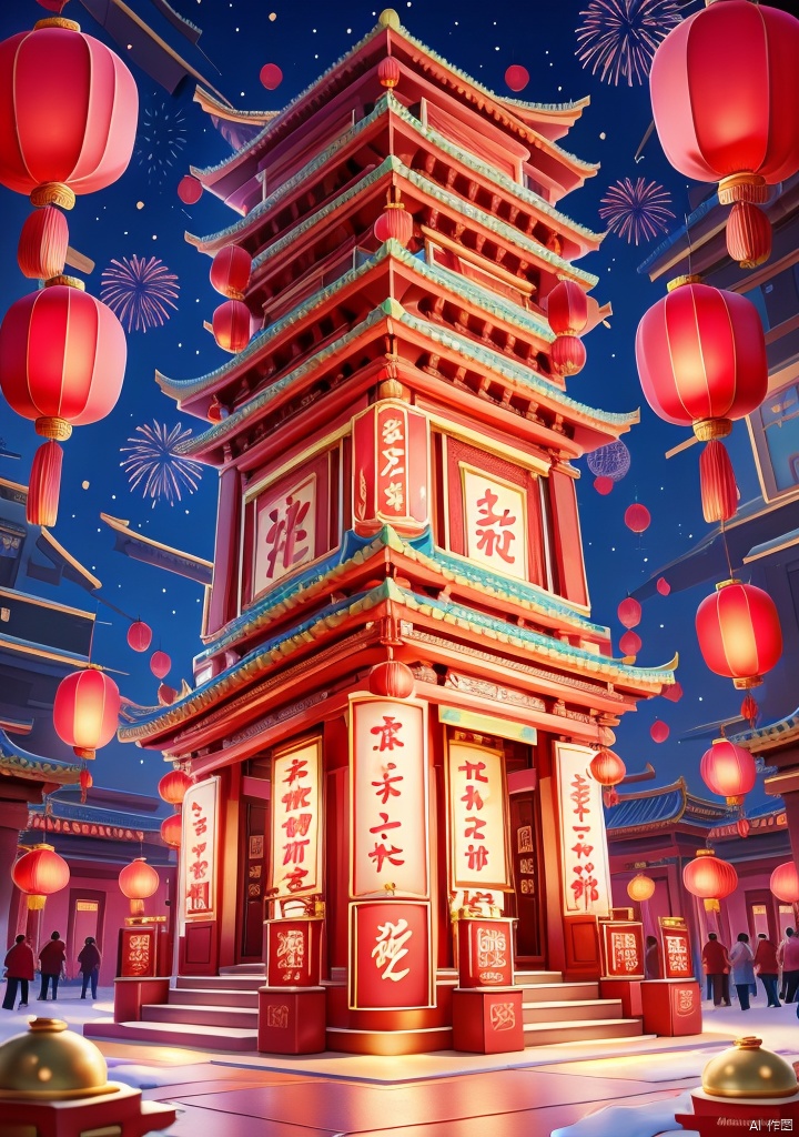 shenian,Lnianhuo,E-commerce booth,ornamental,Lnianhuo Chinese New Year night sky with a lot of fireworks blooming and flying in the background there is an ancient Chinese building the building is red and blue and yellow lights the building is dotted with red Chinese lanterns shot at eye level the Chinese building mounted in front of an e-commerce showcase the showcase is decorated with a bunch of household appliances used for display there are small pink appliances in the middle of the stage hanging Chinese lanterns adding a touch of color to the scene! color. Each one has a unique design. The whole building has a dark blue sky as the background dotted with white fireworks E-commerce booth,