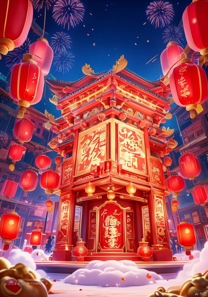 shenian,Lnianhuo,E-commerce booth,ornamental,Lnianhuo Chinese New Year night sky with a lot of fireworks blooming and flying in the background there is an ancient Chinese building the building is red and blue and yellow lights the building is dotted with red Chinese lanterns shot at eye level the Chinese building mounted in front of an e-commerce showcase the showcase is decorated with a bunch of household appliances used for display there are small pink appliances in the middle of the stage hanging Chinese lanterns adding a touch of color to the scene! color. Each one has a unique design. The whole building has a dark blue sky as the background dotted with white fireworks E-commerce booth,