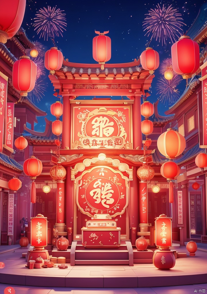 shenian,Lnianhuo,E-commerce booth,ornamental,Lnianhuo Chinese New Year night sky with a lot of fireworks blooming and flying in the background there is an ancient Chinese building the building is red and blue and yellow lights the building is dotted with red Chinese lanterns shot at eye level the Chinese building mounted in front of an e-commerce showcase the showcase is decorated with a bunch of household appliances used for display there are small pink appliances in the middle of the stage hanging Chinese lanterns adding a touch of color to the scene! color. Each one has a unique design. The whole building has a dark blue sky as the background dotted with white fireworks E-commerce booth,
