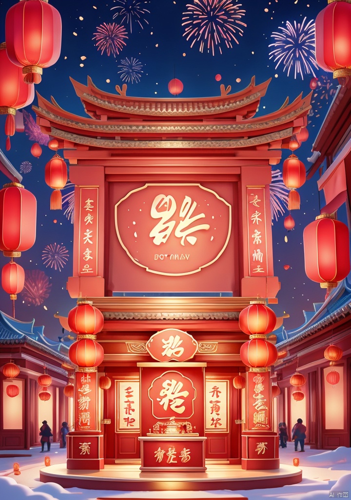 shenian,Lnianhuo,E-commerce booth,ornamental,Lnianhuo Chinese New Year night sky with a lot of fireworks blooming and flying in the background there is an ancient Chinese building the building is red and blue and yellow lights the building is dotted with red Chinese lanterns shot at eye level the Chinese building mounted in front of an e-commerce showcase the showcase is decorated with a bunch of household appliances used for display there are small pink appliances in the middle of the stage hanging Chinese lanterns adding a touch of color to the scene! color. Each one has a unique design. The whole building has a dark blue sky as the background dotted with white fireworks E-commerce booth,