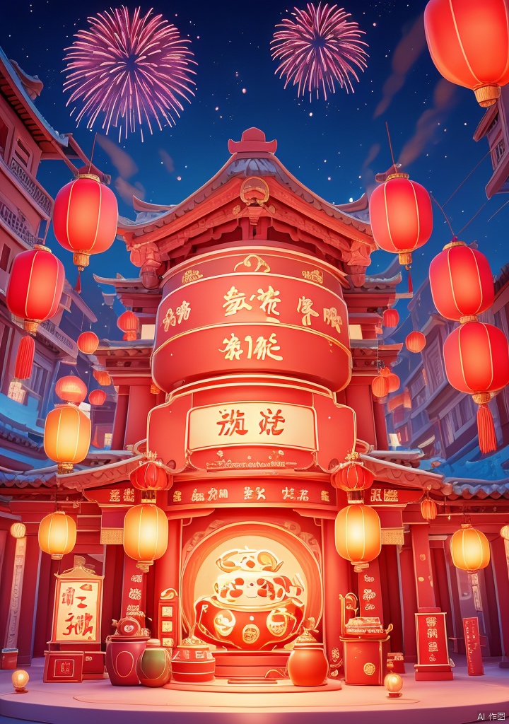 shenian,Lnianhuo,E-commerce booth,ornamental,Lnianhuo Chinese New Year night sky with a lot of fireworks blooming and flying in the background there is an ancient Chinese building the building is red and blue and yellow lights the building is dotted with red Chinese lanterns shot at eye level the Chinese building mounted in front of an e-commerce showcase the showcase is decorated with a bunch of household appliances used for display there are small pink appliances in the middle of the stage hanging Chinese lanterns adding a touch of color to the scene! color. Each one has a unique design. The whole building has a dark blue sky as the background dotted with white fireworks E-commerce booth,