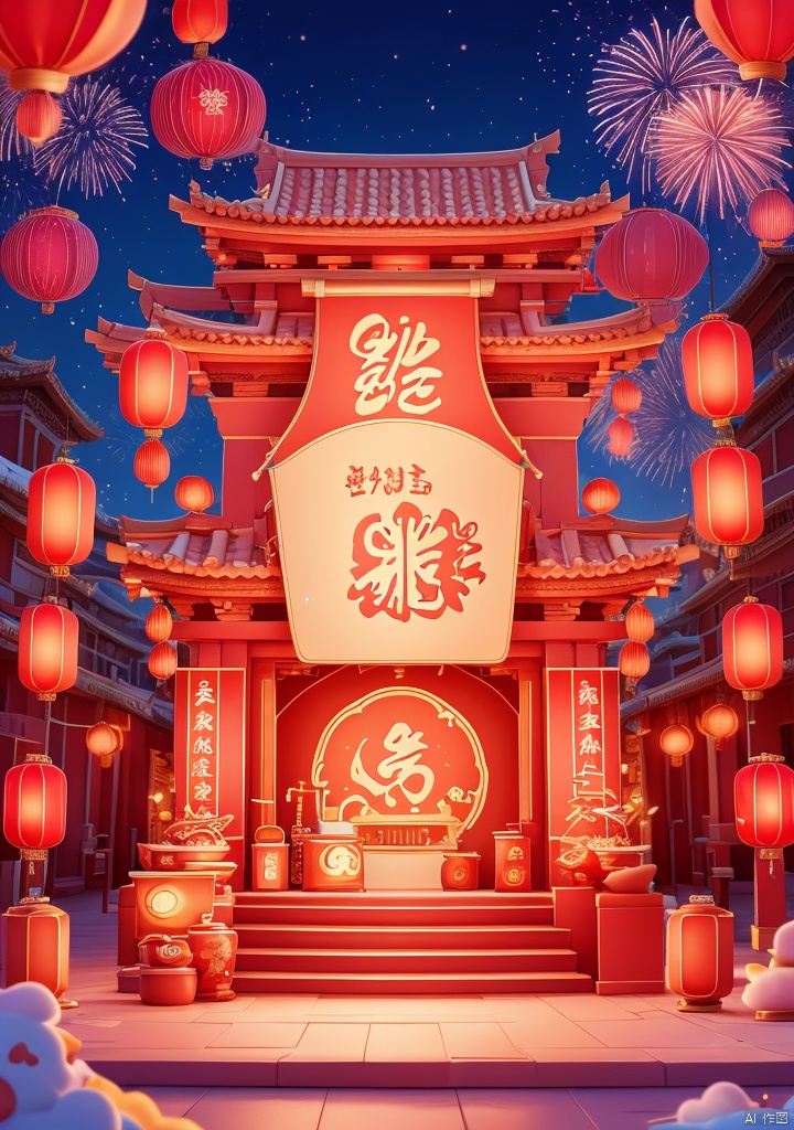 shenian,Lnianhuo,E-commerce booth,ornamental,Lnianhuo Chinese New Year night sky with a lot of fireworks blooming and flying in the background there is an ancient Chinese building the building is red and blue and yellow lights the building is dotted with red Chinese lanterns shot at eye level the Chinese building mounted in front of an e-commerce showcase the showcase is decorated with a bunch of household appliances used for display there are small pink appliances in the middle of the stage hanging Chinese lanterns adding a touch of color to the scene! color. Each one has a unique design. The whole building has a dark blue sky as the background dotted with white fireworks E-commerce booth,