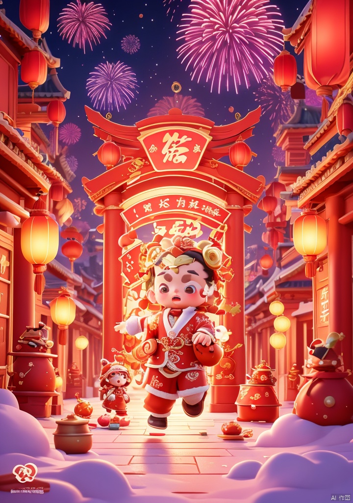 xiqing,A 3D animation depicting a festive Chinese New Year scene. In the foreground,one children in traditional red clothing,running happily,He was holding a large box in his hand,filled with gifts,and behind them is a big red traditional Chinese archway with lanterns and large golden characters for "Fu". In the background,other characters,including adults and children,are dressed in festive costumes and setting off fireworks to celebrate the arrival of the Spring Festival. The sky is lit up by colorful fireworks in pink and purple hues,and the whole scene is filled with a joyful and festive atmosphere .,