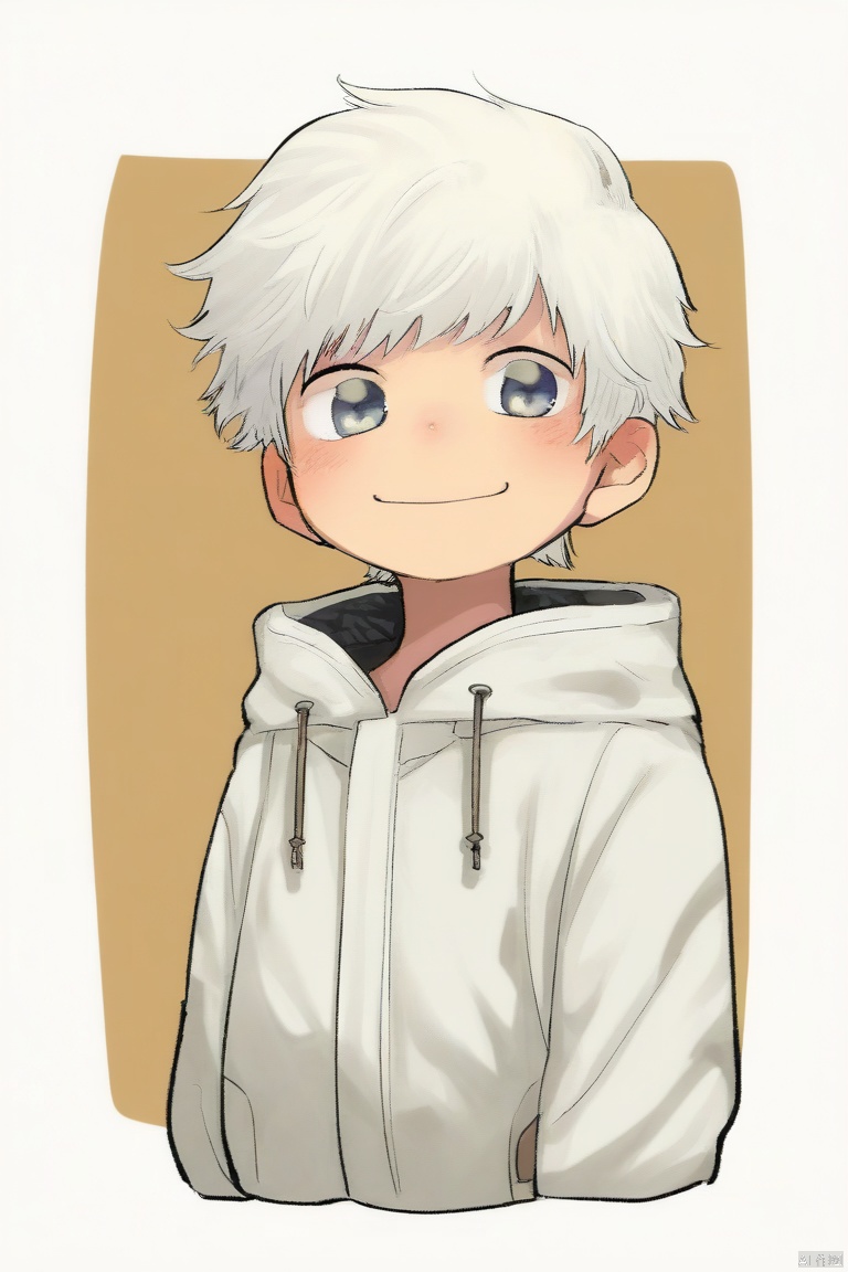 ocha-style,1boy,white hair,white jacket,border,child,drawstring,hood,hood down,hooded jacket,jacket,male focus,outside border,short hair,smile,solo,upper body,white border (masterpiece,best quality),