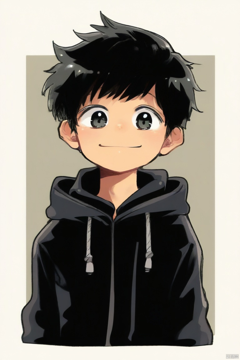ocha-style,1boy,black hair,black jacket,border,child,drawstring,hood,hood down,hooded jacket,jacket,male focus,outside border,short hair,smile,solo,upper body,white border (masterpiece,best quality),
