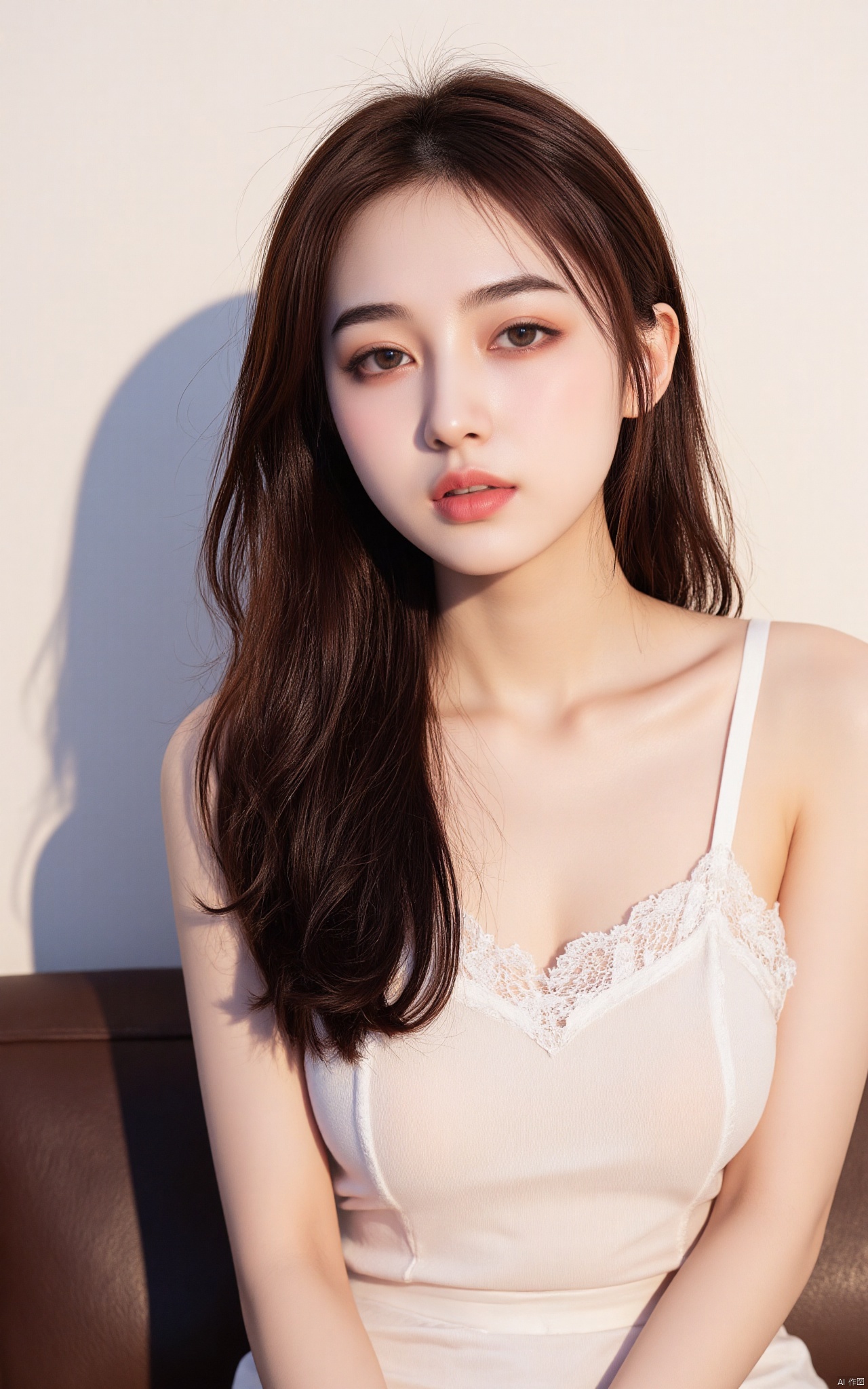 a medium-sized Asian woman with long,  straight brown hair is seated on a brown couch. She is wearing a white sleeveless b...