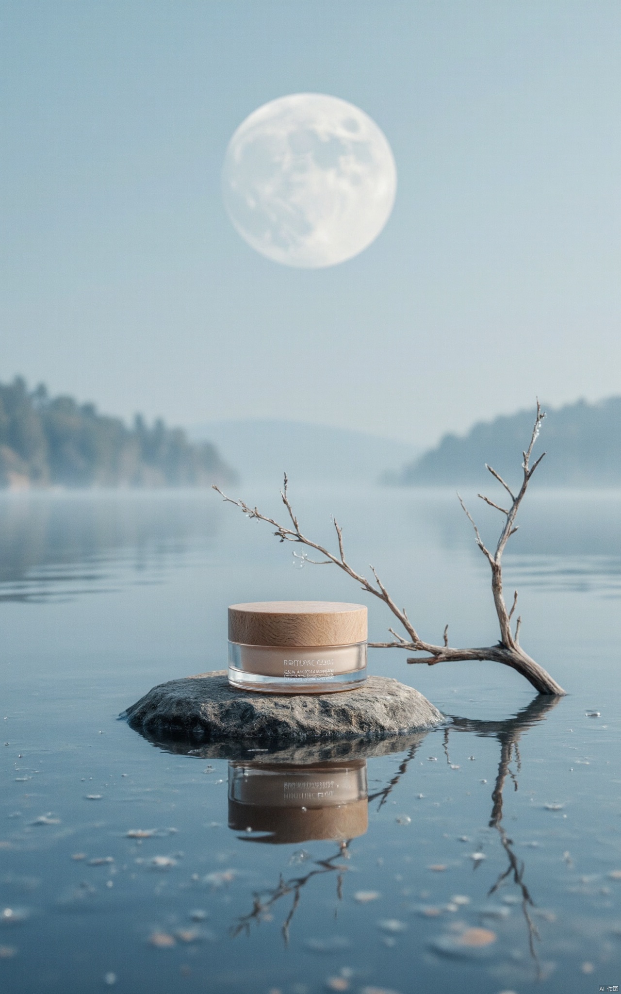 A light brown jar of skin care cream with a wood texture lid,front view,with a high-end feel,high resolution,clear details,natural lighting,and in the style of high quality photography. The overall color tone creates an elegant atmosphere. It uses glass material for packaging to highlight luxury and elegance,in the style of high-end photography. In the center of an endless lake,the moon is reflected in the water,and there is an stone. A dead branch sticks out from under it. Dewdrops hanging on the branches,a scene of cold dew.The moon shines on everything,creating beautiful reflections on the water surface .Slight reflection of water waves. The scene features an ethereal misty blue background and subtle reflections of light.It's **** being lost between dreams and reality. Photorealistic in the style of Chinese wind,