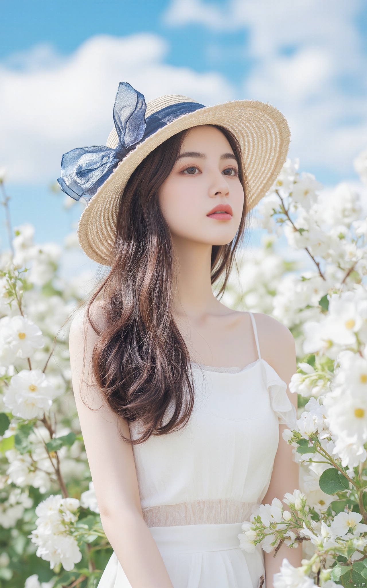 a young Asian woman stands in front of a backdrop of white flowers. She is dressed in a white strapless dress, adorned with ruffles on the shoulders and a straw hat adorned with a blue ribbon. Her hair is long and cascades over her shoulders, adding a touch of warmth to her face. The sky is a brilliant blue, dotted with fluffy white clouds.