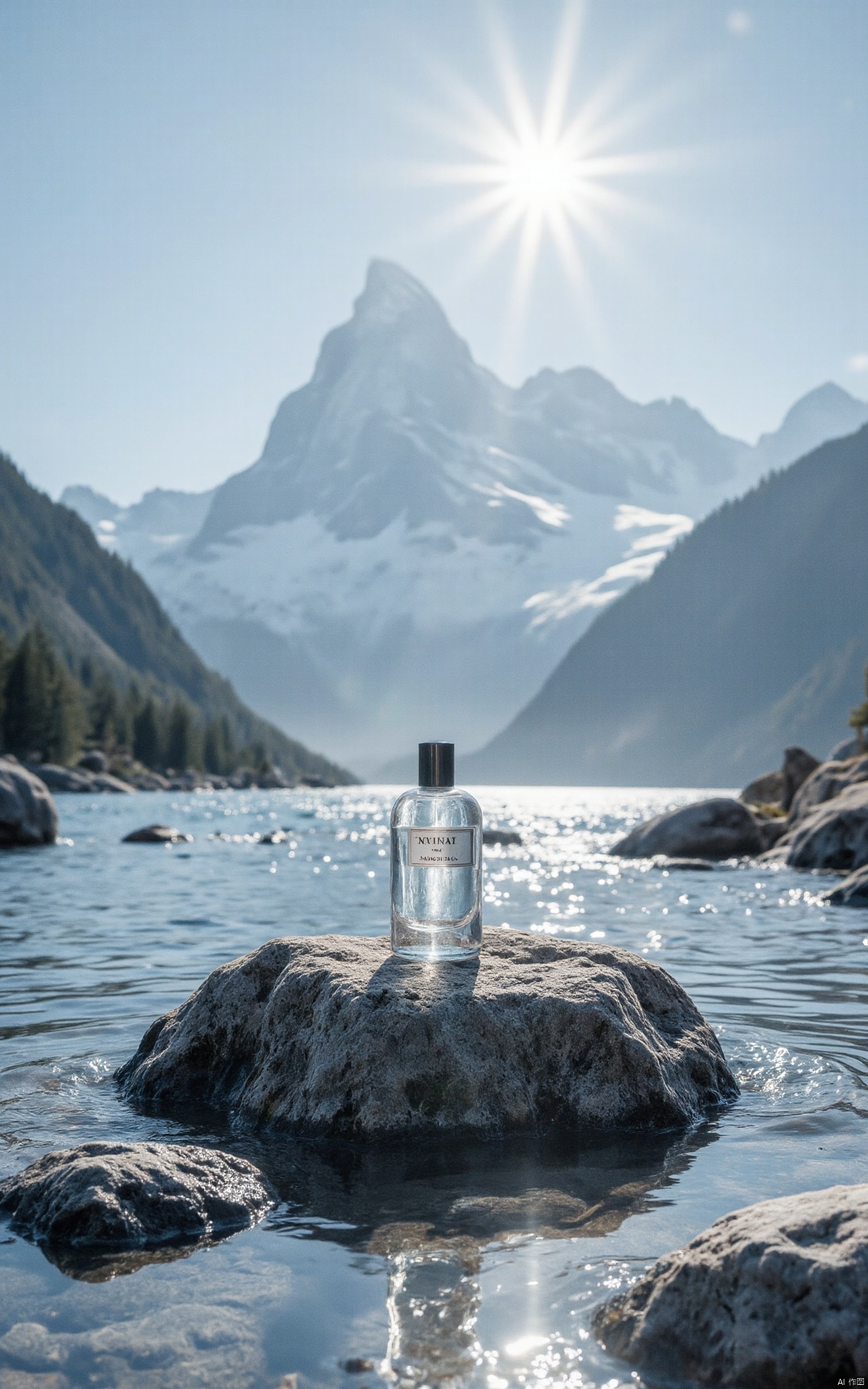 Mountain,a perfume on the rock,water,white mountain,sunshine,(8K ultra high definition quality, movie texture, ultra high definition resolution, real color, CG picture),(real texture, rich details, delicate skin),