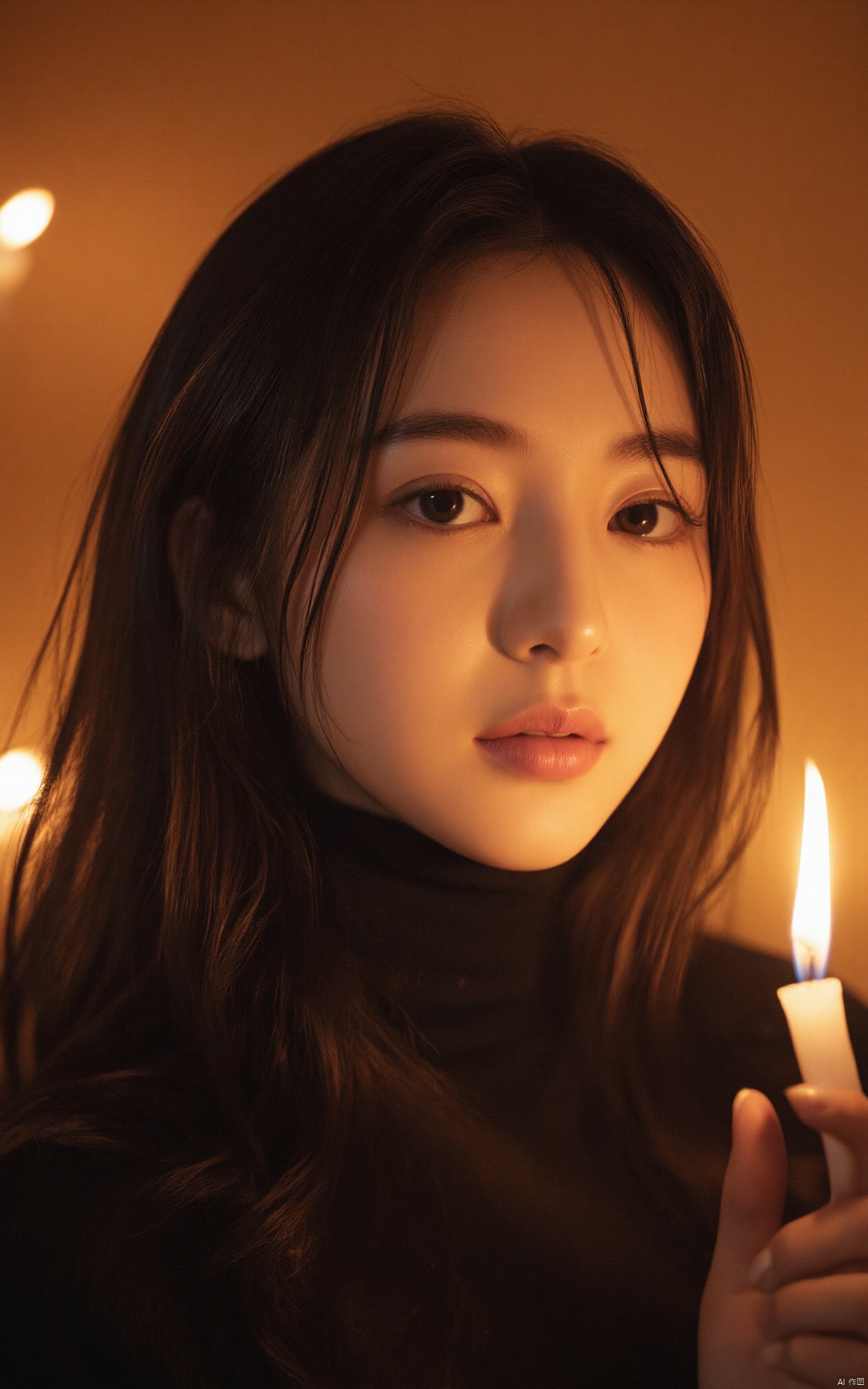 a young Asian woman with long dark hair, wearing a black turtleneck, is holding a lit candle in her left hand. The woman's face is turned slightly to the right, with a slight smile on her lips. Her eyes are a piercing blue, and her eyebrows are a darker shade of brown. Her hair is cascading down her shoulders, adding a touch of warmth to her face. The background is a stark brown, with two lit candles on the left side of the frame.