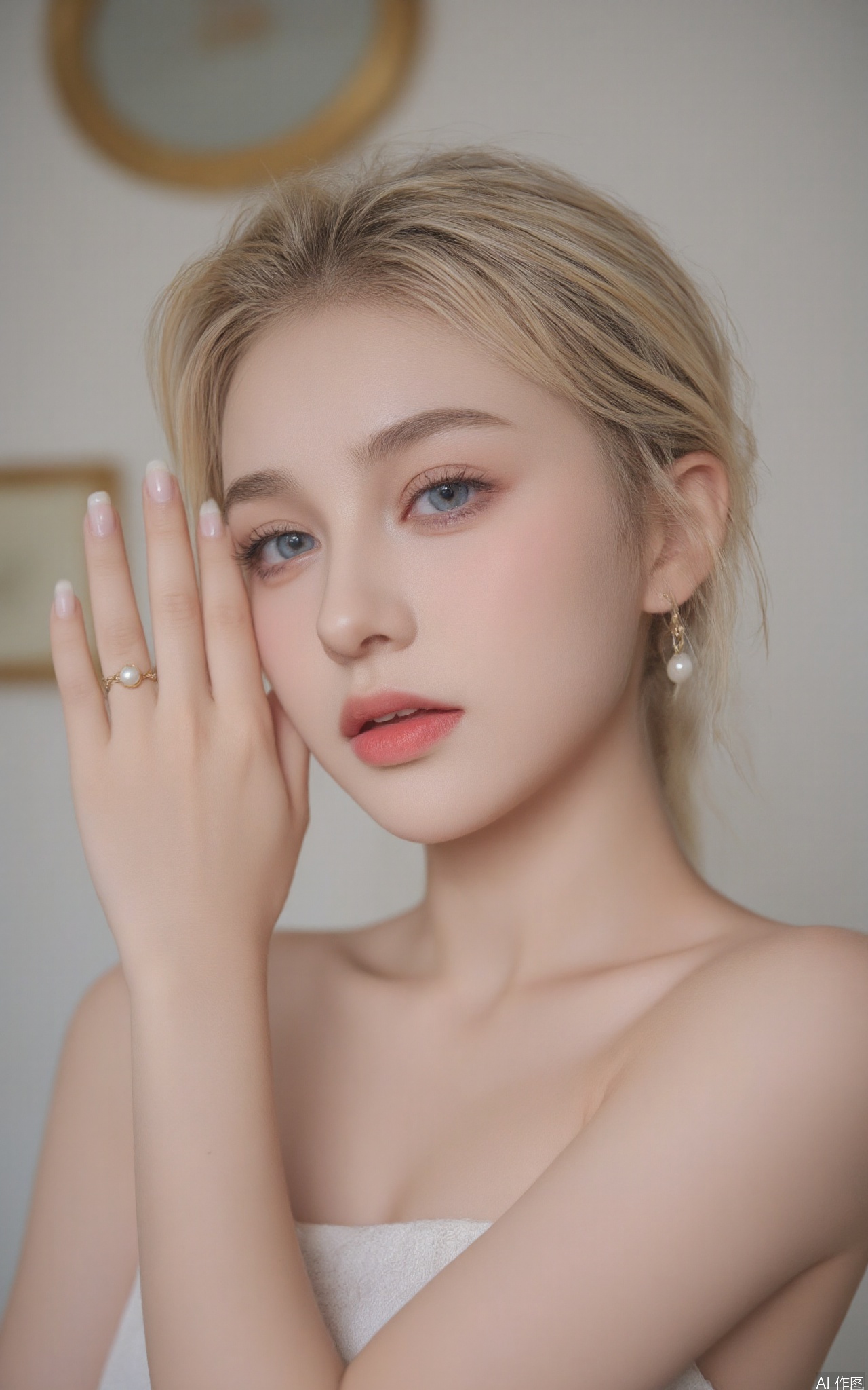 A close-up shot of a beautiful blond woman with blue eyes and red lips. She is wearing a gold ring with a white pearl in the center. Her fingernails are painted white and her hair is pulled back in a ponytail. Her earrings are adorned with silver pearls. The woman's left hand is positioned in front of her face, while her right hand is resting on her left hand. The background is blurred, with a gold frame on the wall.