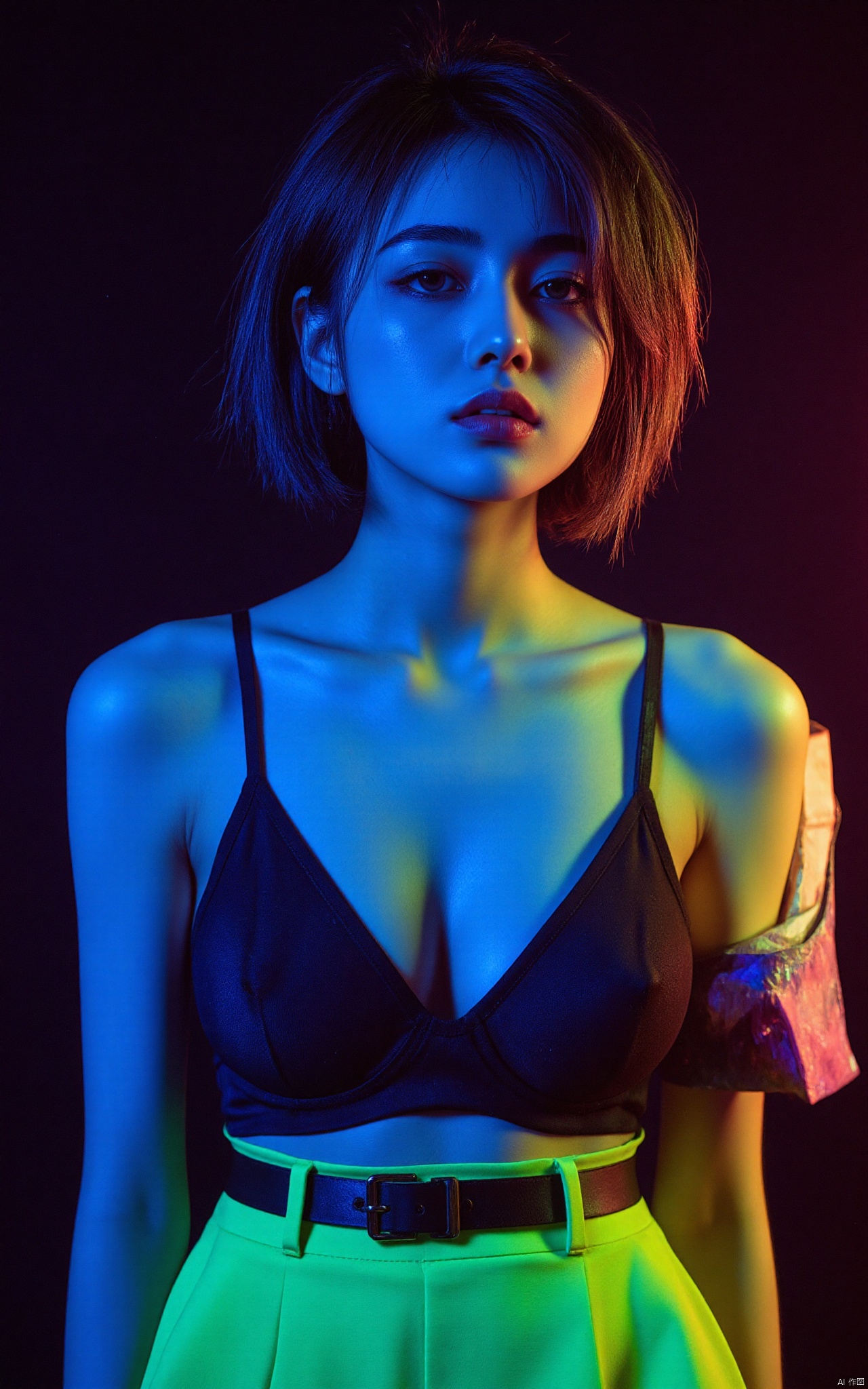 a vibrant vibrant woman stands in front of a dark backdrop. She is dressed in a neon green outfit, adorned with a black bra and a black belt. Her hair is styled in a bob, adding a pop of color to the scene. The woman's eyes are a piercing blue, her lips are a darker shade of blue, while her hair is a light brown. She has a serious expression on her face. The lighting is subdued, creating a stark contrast to her outfit.