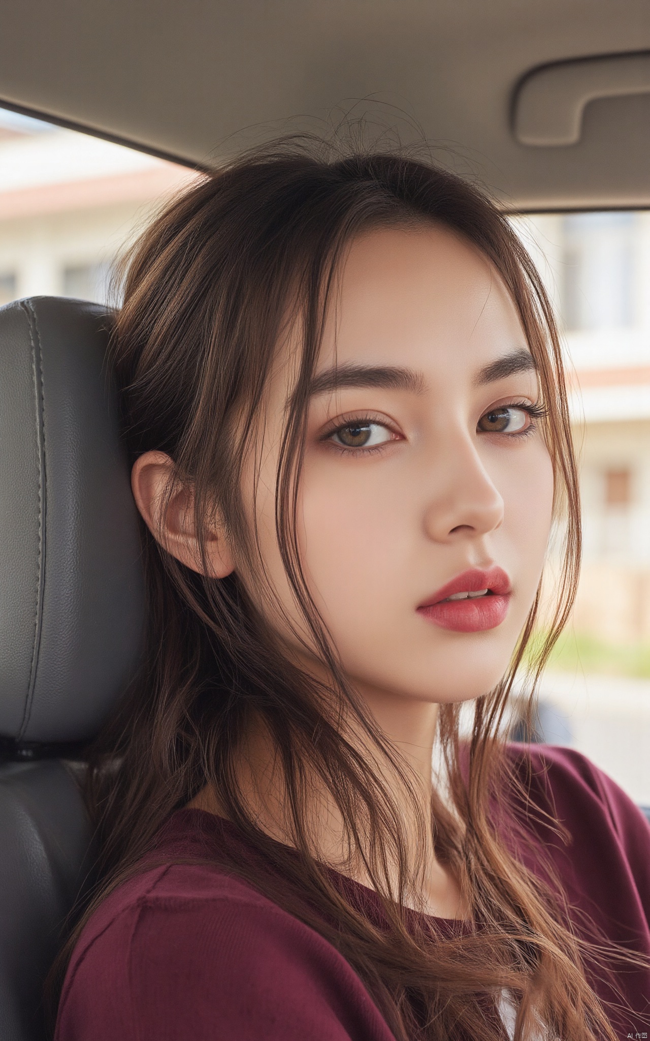 A close-up shot of a woman's face, positioned in the back seat of a car. The woman's eyes are blue, and her hair is long and cascades down to her shoulders. She is wearing a maroon shirt, and she has a red lipstick on her lips. Her hair is pulled back in a ponytail, adding a pop of color to her face. The backdrop is blurred, with a building visible in the distance.