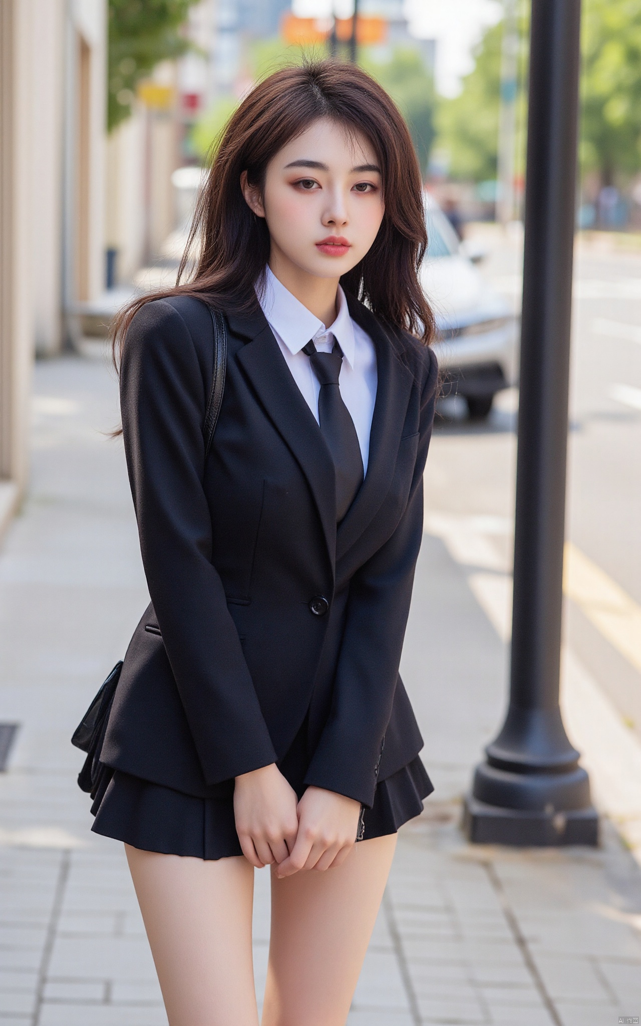 a young Asian woman stands on a city sidewalk, her long brown hair cascades over her shoulders. She is dressed in a black blazer, a white collared shirt, a black tie, and a black skirt. Her skirt is short and pleated, and she is holding a black purse in her left hand. The woman's left hand is resting on her hip, and her right hand is draped over her left shoulder. A black pole is to the right of the woman, adding a touch of contrast to the scene. A car can be seen parked on the street in the background.