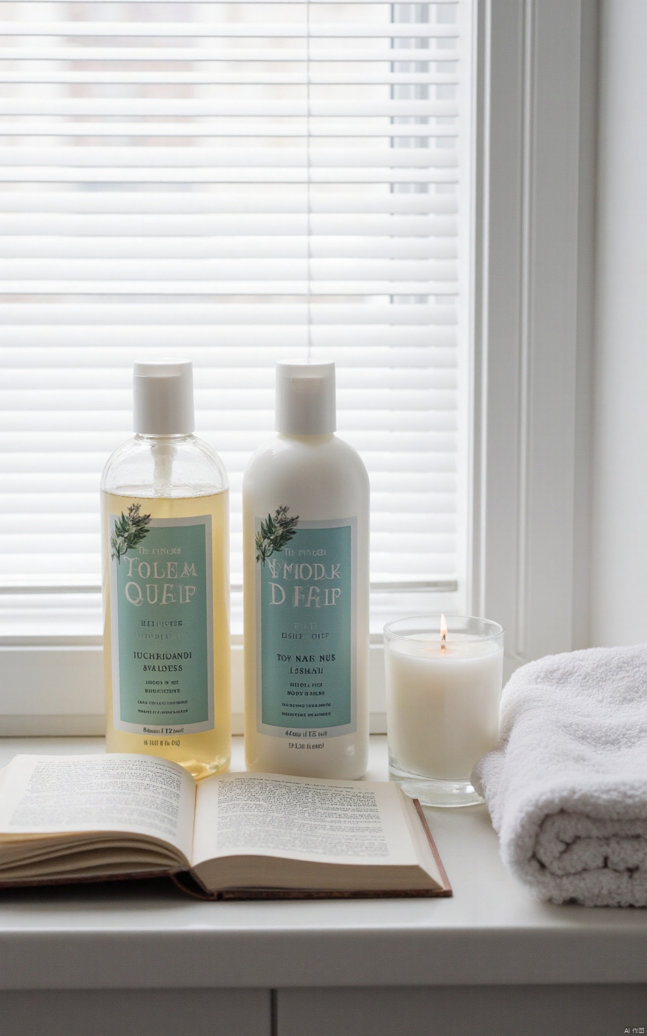 A close up shot of two bottles of body wash and cream, next to an open book on the windowsill with white blinds in front. A towel is neatly folded nearby, while a candle sits beside them, creating a serene atmosphere for self-care or relaxation in the bathroom