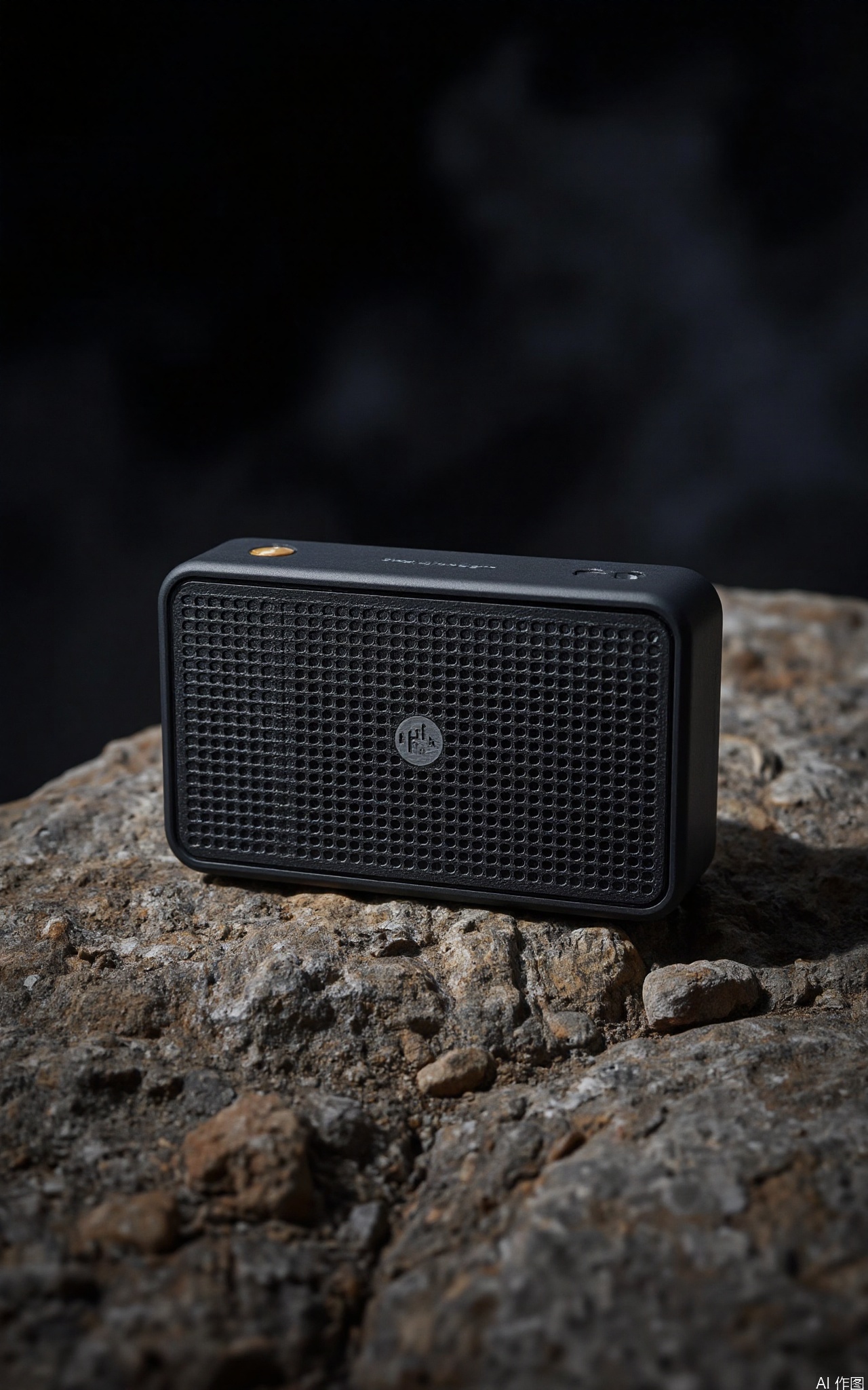 Photo of a small,rectangular,black,modern Bluetooth speaker sitting on a rough,rocky surface. The speaker has a grid-like pattern on its front and a subtle logo. The background is dark and out of focus,with a moody,atmospheric feel. The lighting is soft and dramatic,casting shadows and highlighting the textures of the rocks and the speaker.
