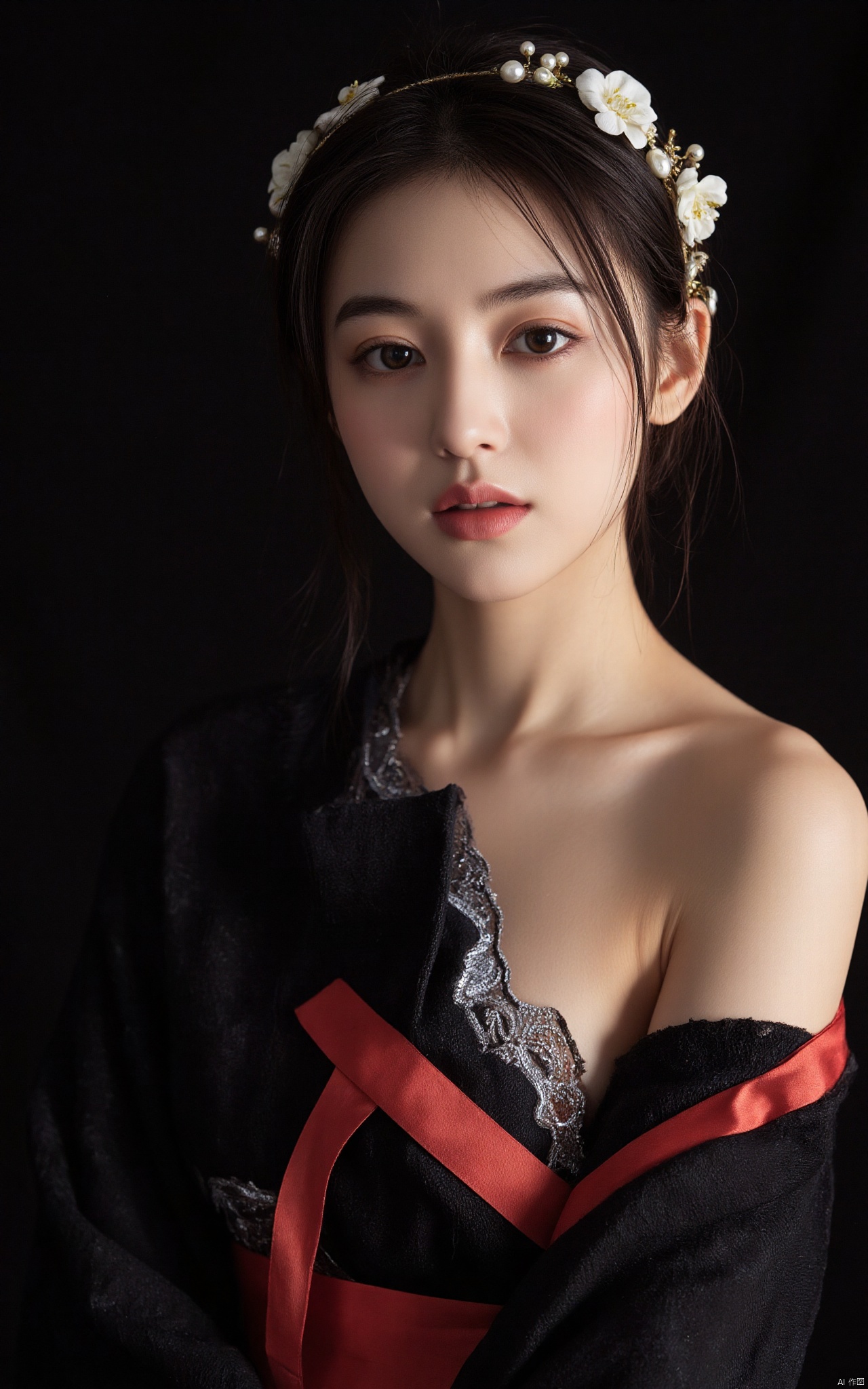 a young Asian woman, dressed in a black kimono, is adorned with a headband adorned with white flowers and pearls. Her hair is styled in a sleek bob, adding a pop of color to her face. The backdrop is a stark black, creating a stark contrast to her outfit. The woman's eyes are a piercing blue, her eyebrows are a darker shade of brown, and her lips are a lighter shade of blue. She is wearing a black scarf draped over her left shoulder. Her left arm is draped in a red ribbon, adding depth to the composition.