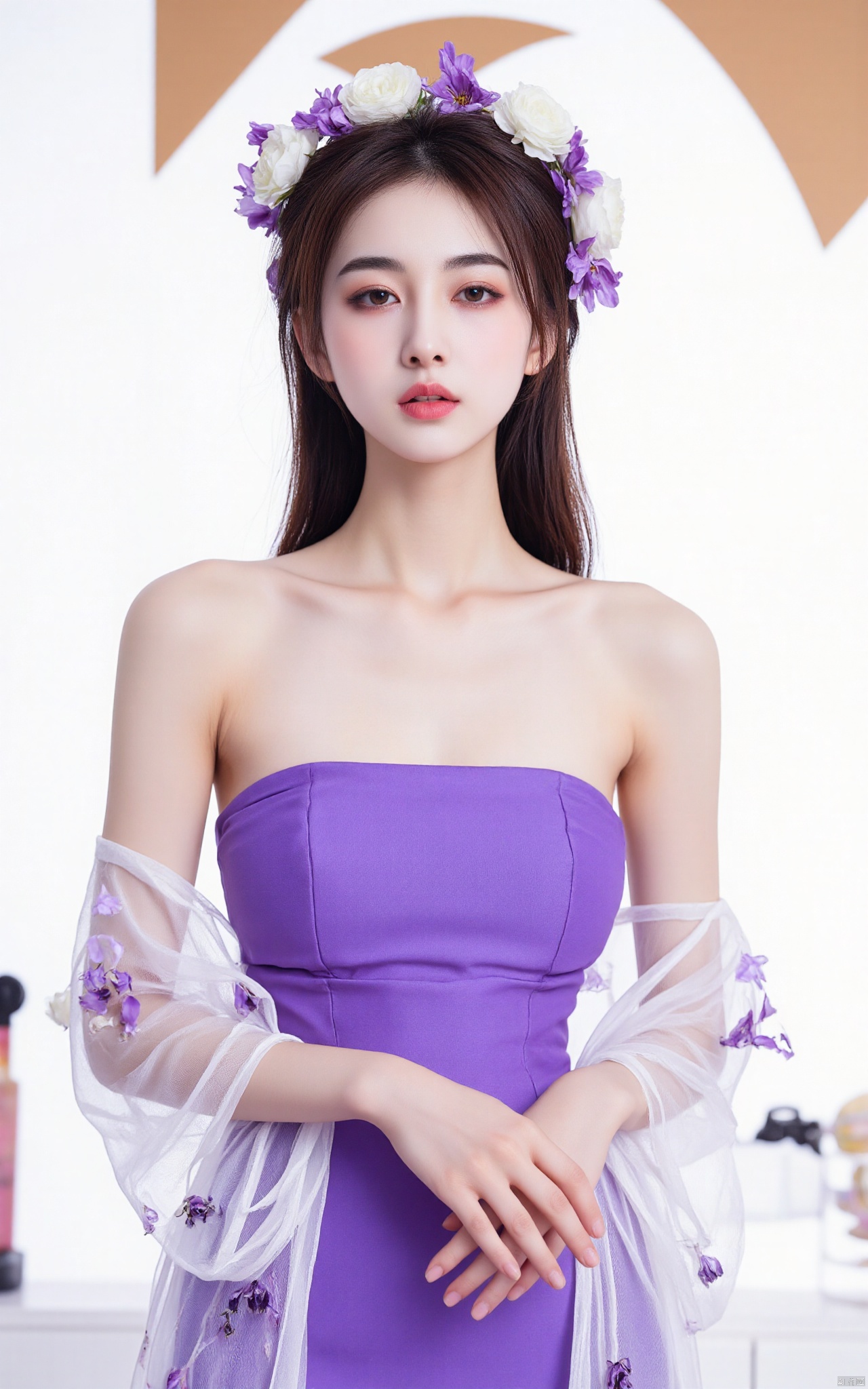 a young Asian woman stands in front of a white backdrop. She is dressed in a purple strapless dress adorned with white flowers. Her hair is styled in a wreath of purple flowers, adding a touch of beauty to the scene. Her dress is adorned with a sheer sheer white robe draped across her body. Her hands are clasped in her lap. Her eyes are a piercing blue, her lips are a darker shade of blue. Her eyebrows are a light brown, and her hair is a darker brown. The backdrop is a stark white, with a brown circle in the center.