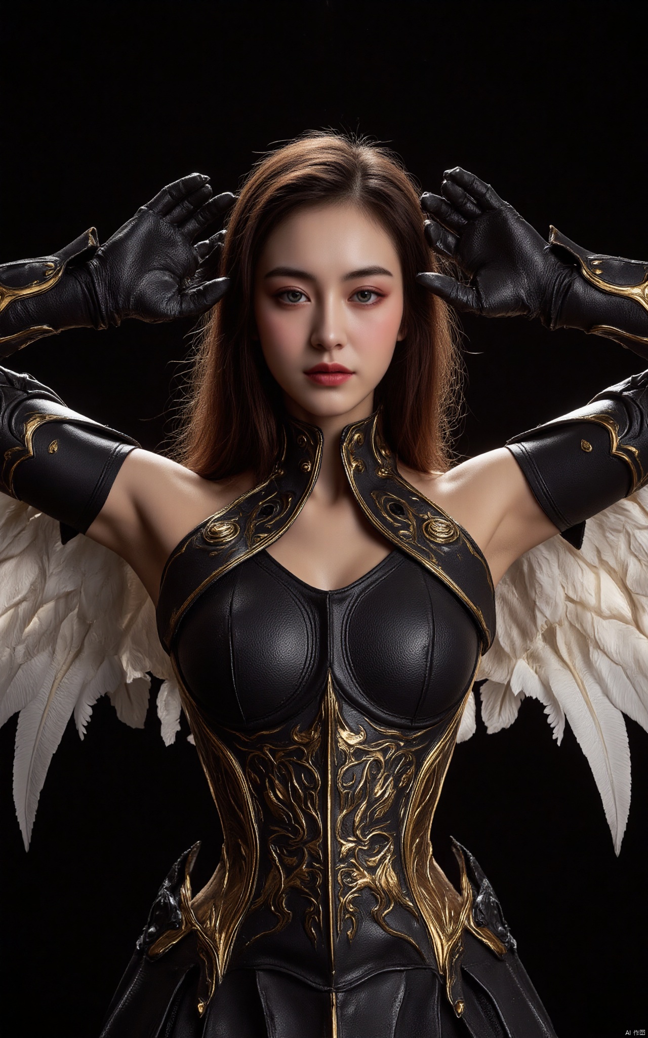 a woman dressed in a black and gold armor, adorned with wings on her shoulders and arms. Her eyes are a piercing blue, her hair is a dark brown, her eyes a piercing yellow, and her arms are raised in the air. The background is a deep black, creating a stark contrast to the woman's armor.