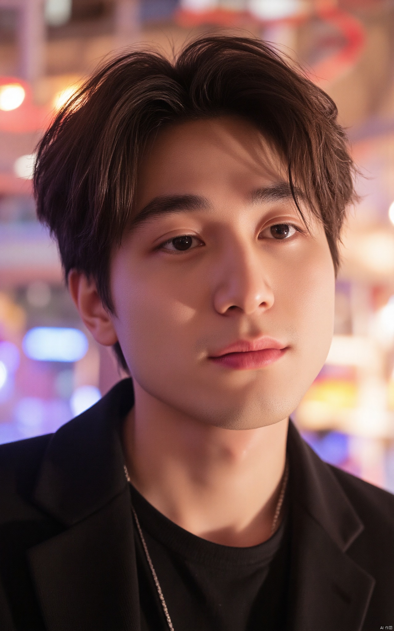 Captured at eye-level, a close-up shot of a young man with dark brown hair, a black blazer, and a silver necklace around his neck. The backdrop is blurred, with a backdrop of colorful lights. The man's gaze is directed towards the right side of the frame, and his lips are slightly parted, as if he's looking to the left. His eyebrows are a dark brown, and he has a slight smile on his face. He's wearing a black button-down shirt with a black collar.