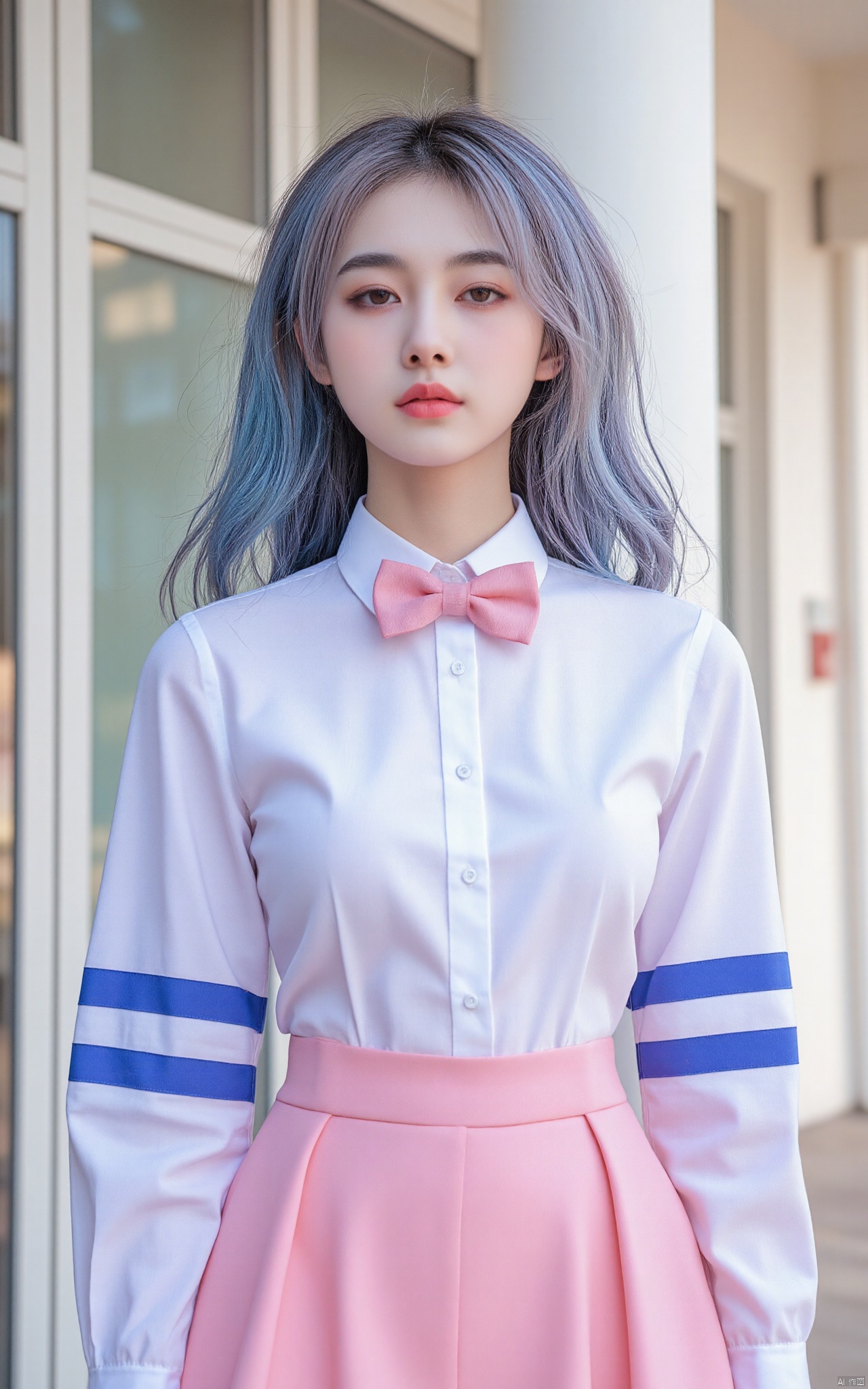 a young girl with long, light blue hair, wearing a pink bow tie, a white button-down shirt, and a pink skirt with blue stripes on the sleeves. Her hair is cascading over her shoulders, adding a pop of color to her outfit. She is standing in front of a backdrop of a building, with a white pillar and glass windows.