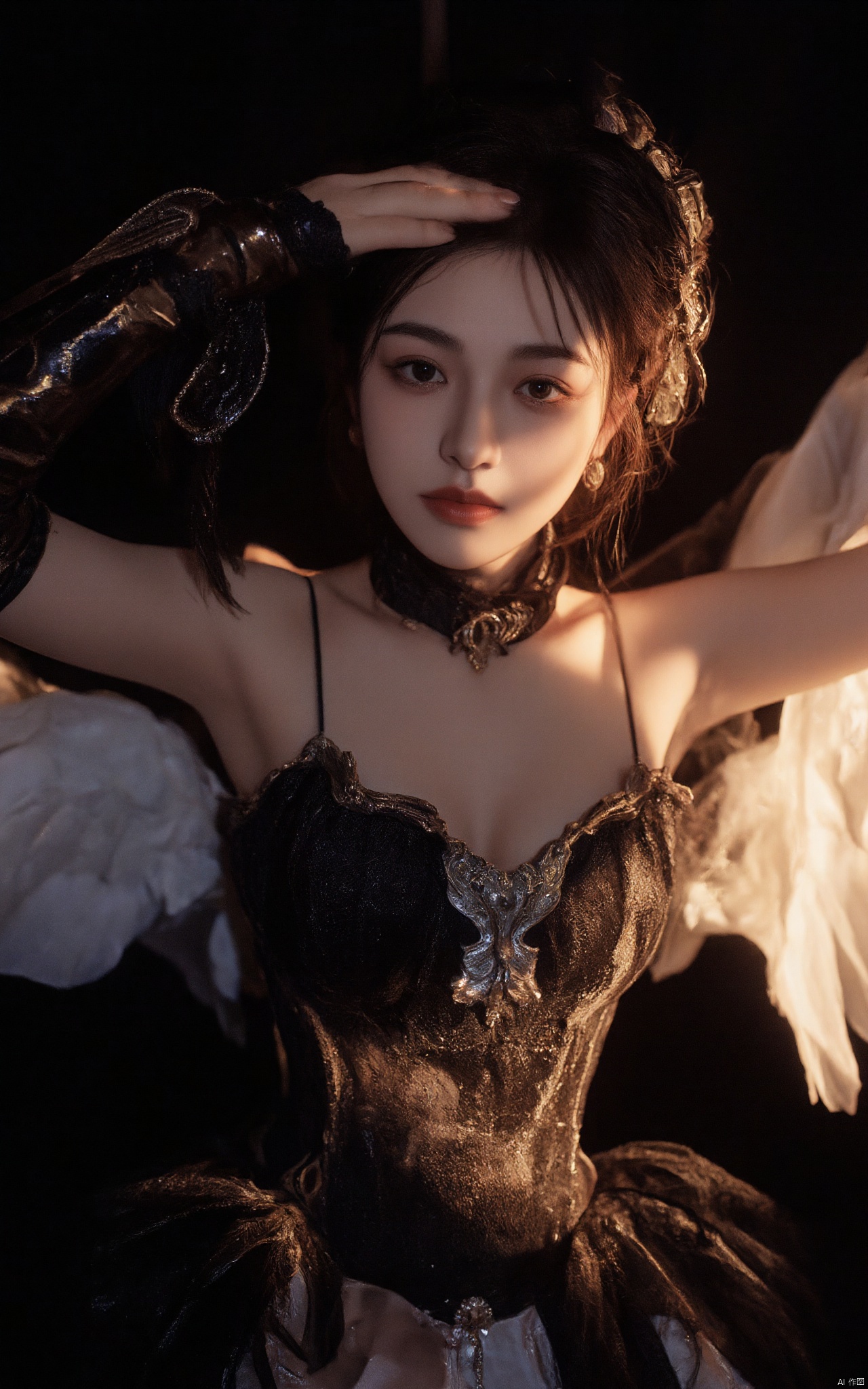 a woman dressed in a black and gold armor, adorned with wings on her shoulders and arms. Her eyes are a piercing blue, her hair is a dark brown, her eyes a piercing yellow, and her arms are raised in the air. The background is a deep black, creating a stark contrast to the woman's armor.
