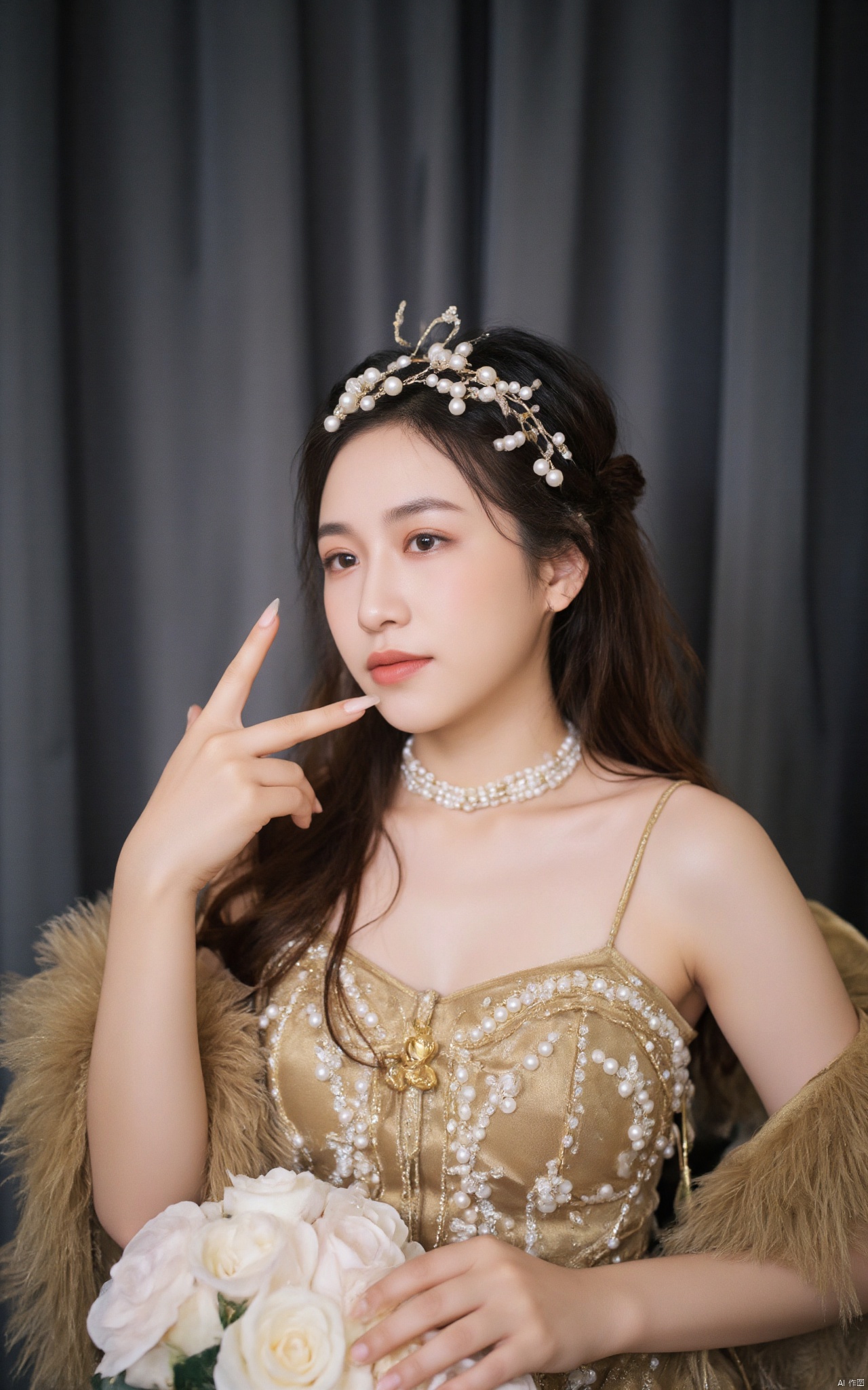 A photograph of beautiful hubggirl, (super realistic, best quality:1.25), depth, cinematic light, BREAK a close-up shot of a young Asian woman with long dark brown hair, wearing a gold sleeveless dress adorned with white beads and pearls. She is wearing a white headband adorned with small white beads, adding a touch of sparkle to her outfit. The backdrop is a dark gray curtain, creating a stark contrast to the woman's dress. BREAK perfect hands, perfect light, vibrant colors, intricate details, highly detailed skin, pale skin, photorealistic, raw, analog, taken by Sony Alpha 7R IV, Zeiss Otus 85mm F1.4, ISO 100 Shutter Speed 1/400, Vivid picture, intricate background,