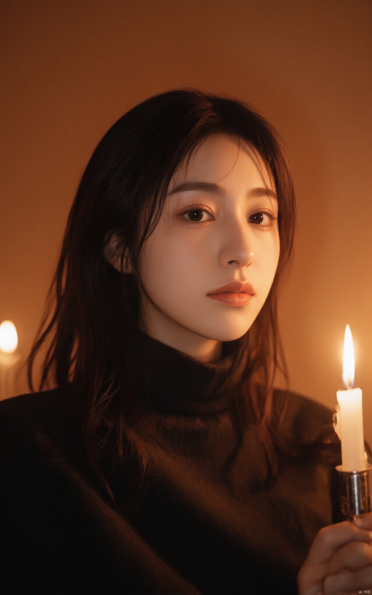 a young Asian woman with long dark hair, wearing a black turtleneck, is holding a lit candle in her left hand. The woman's face is turned slightly to the right, with a slight smile on her lips. Her eyes are a piercing blue, and her eyebrows are a darker shade of brown. Her hair is cascading down her shoulders, adding a touch of warmth to her face. The background is a stark brown, with two lit candles on the left side of the frame.