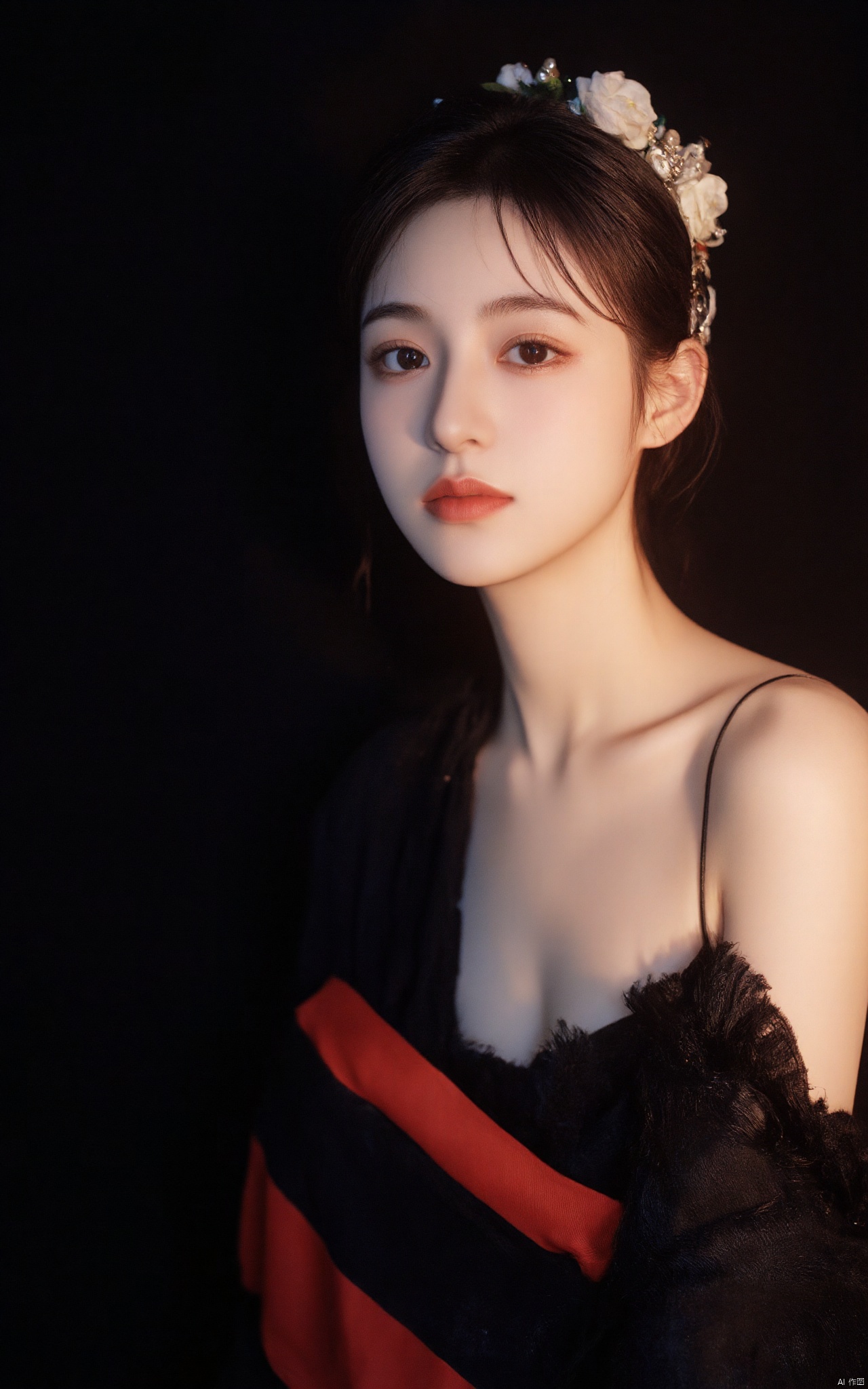 a young Asian woman, dressed in a black kimono, is adorned with a headband adorned with white flowers and pearls. Her hair is styled in a sleek bob, adding a pop of color to her face. The backdrop is a stark black, creating a stark contrast to her outfit. The woman's eyes are a piercing blue, her eyebrows are a darker shade of brown, and her lips are a lighter shade of blue. She is wearing a black scarf draped over her left shoulder. Her left arm is draped in a red ribbon, adding depth to the composition.