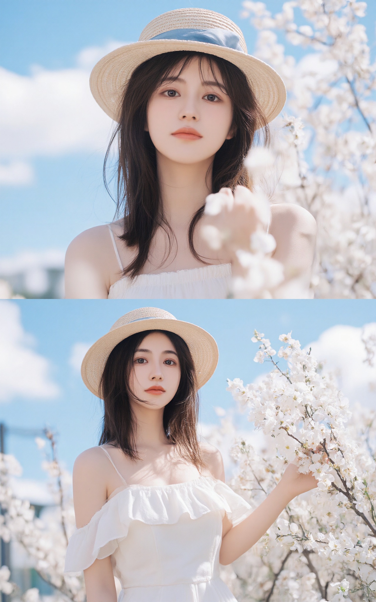 a young Asian woman stands in front of a backdrop of white flowers. She is dressed in a white strapless dress, adorned with ruffles on the shoulders and a straw hat adorned with a blue ribbon. Her hair is long and cascades over her shoulders, adding a touch of warmth to her face. The sky is a brilliant blue, dotted with fluffy white clouds.