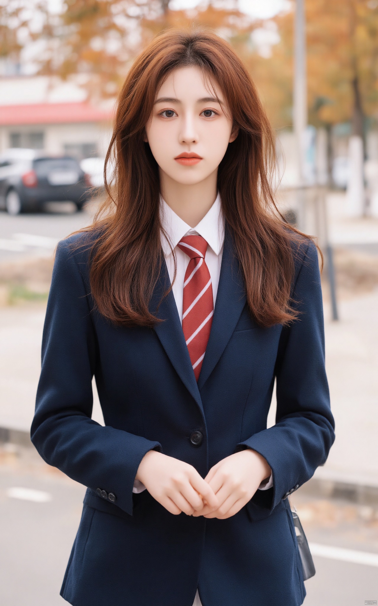 a young Asian woman with long, vibrant red hair stands in front of a blurred backdrop of a city street. She is dressed in a dark blue blazer, a white collared shirt, and a red and white striped tie. The woman's hair is cascading over her shoulders, adding a touch of warmth to her face. She has a serious expression on her face, and her eyes are a piercing blue. Her hands are clasped at her sides, as if she is posing for the camera. The backdrop is blurred, with a few cars parked on the street and a tree in the distance.