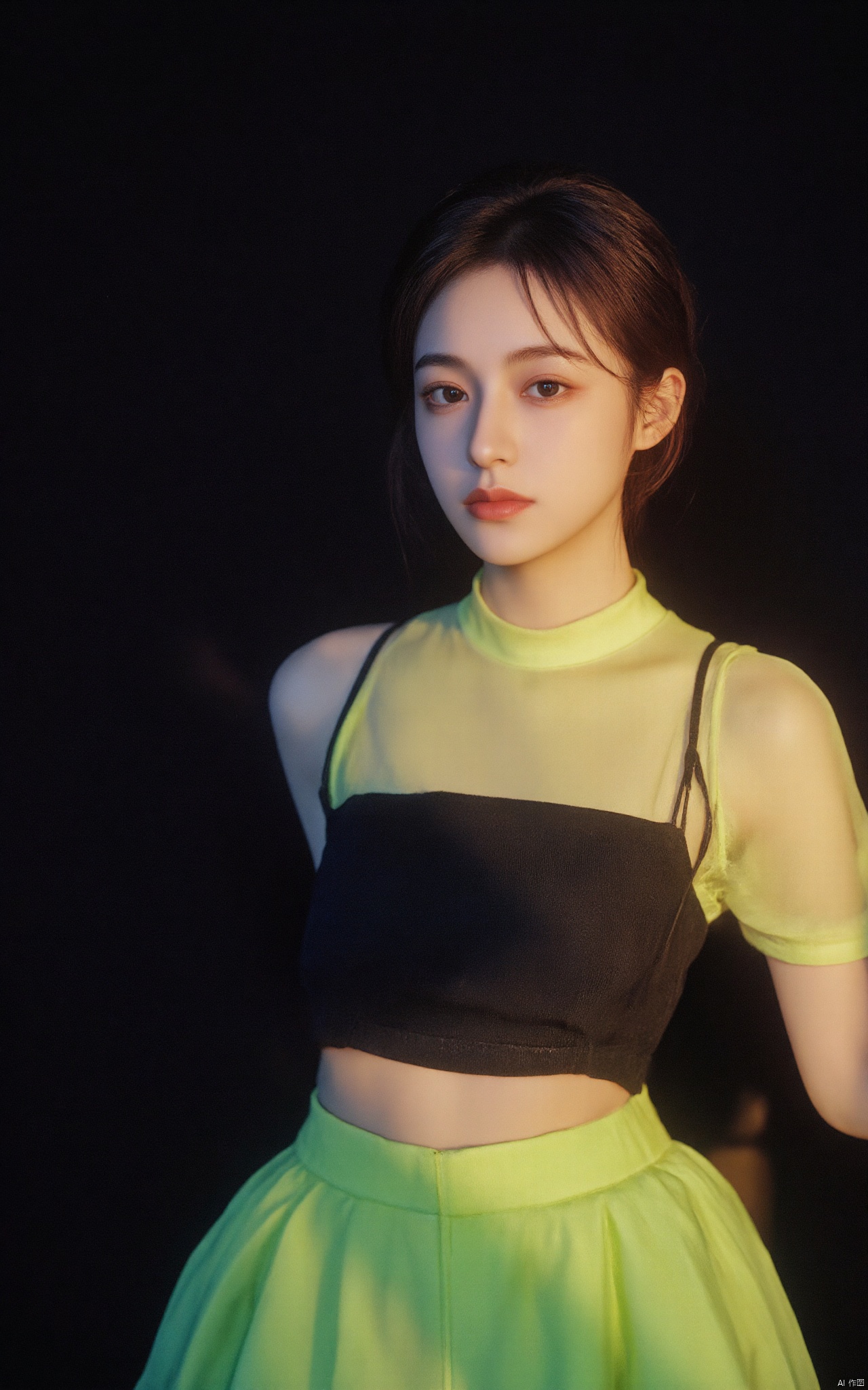 a vibrant vibrant woman stands in front of a dark backdrop. She is dressed in a neon green outfit, adorned with a black bra and a black belt. Her hair is styled in a bob, adding a pop of color to the scene. The woman's eyes are a piercing blue, her lips are a darker shade of blue, while her hair is a light brown. She has a serious expression on her face. The lighting is subdued, creating a stark contrast to her outfit.