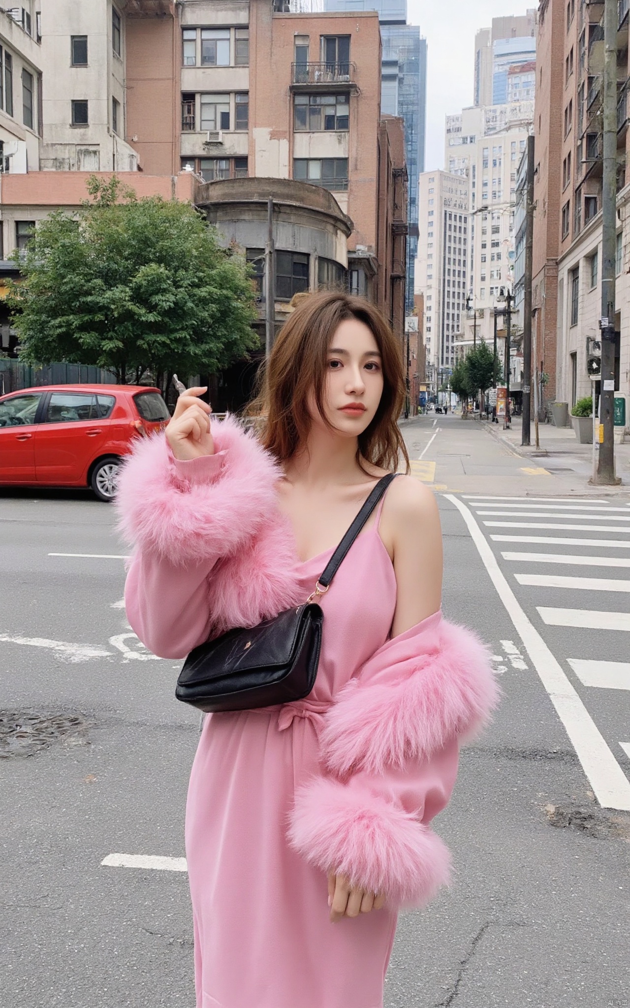 a woman stands on a city street, dressed in a pink dress adorned with feathers. She is holding a pink feather duster in her left hand, her right hand resting on her hip. Her left hand is draped over her left shoulder, adding a pop of color to the scene. The woman's hair is long and cascades down her shoulders, framing her face. A black purse is draped across her left arm. A red car is parked on the side of the street, its vibrant colors. Tall buildings can be seen in the background, along with a green tree.