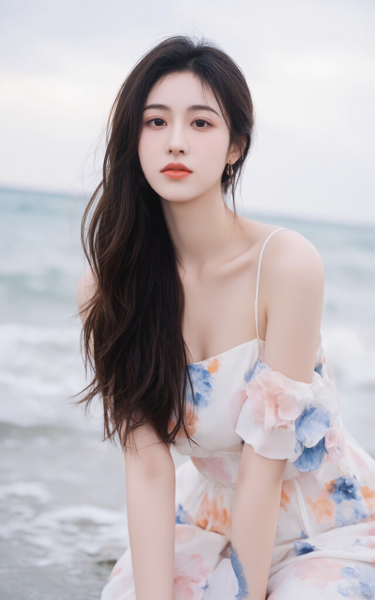 a beautiful Asian woman is seated on the beach, her long dark hair cascades over her shoulders. She is wearing a white strapless dress adorned with blue and orange flowers, and a silver necklace. Her earrings are dangling from her ears, adding a pop of color to her face. The backdrop, a serene sea, is blurred in the distance. The sky is a muted blue, with a few wispy clouds in the air.