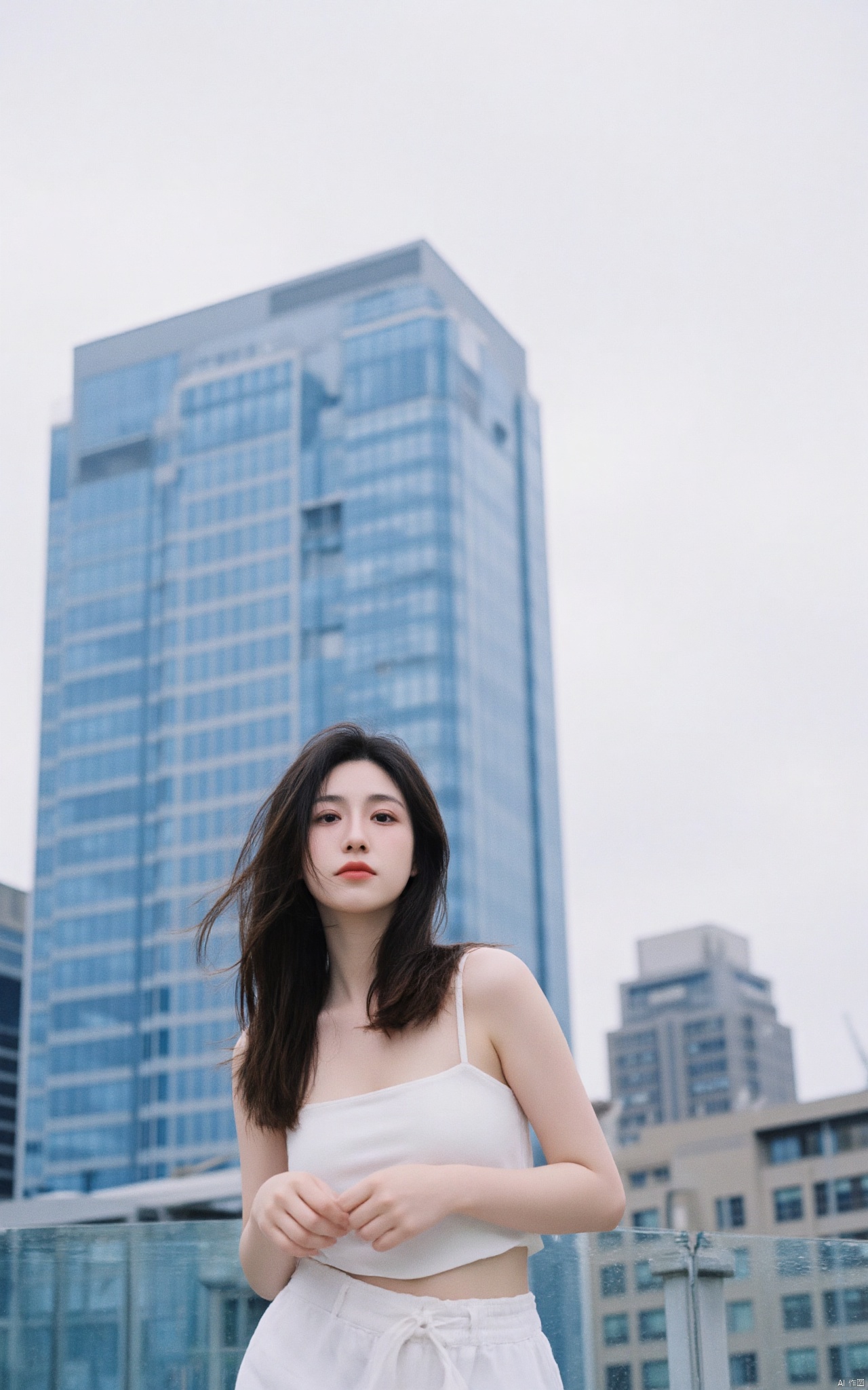 a young Asian woman stands in front of a backdrop of skyscrapers. She is dressed in a white bikini top and white shorts, her hair cascades over her shoulders. Her eyes are a piercing blue, her lips are pursed in a pink hue. Her hair is long and cascades in a ponytail, adding a touch of movement to her face. The sky is a muted blue, with a few wispy clouds in the distance.