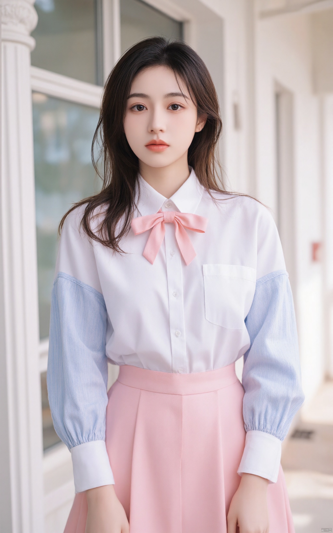 a young girl with long, light blue hair, wearing a pink bow tie, a white button-down shirt, and a pink skirt with blue stripes on the sleeves. Her hair is cascading over her shoulders, adding a pop of color to her outfit. She is standing in front of a backdrop of a building, with a white pillar and glass windows.