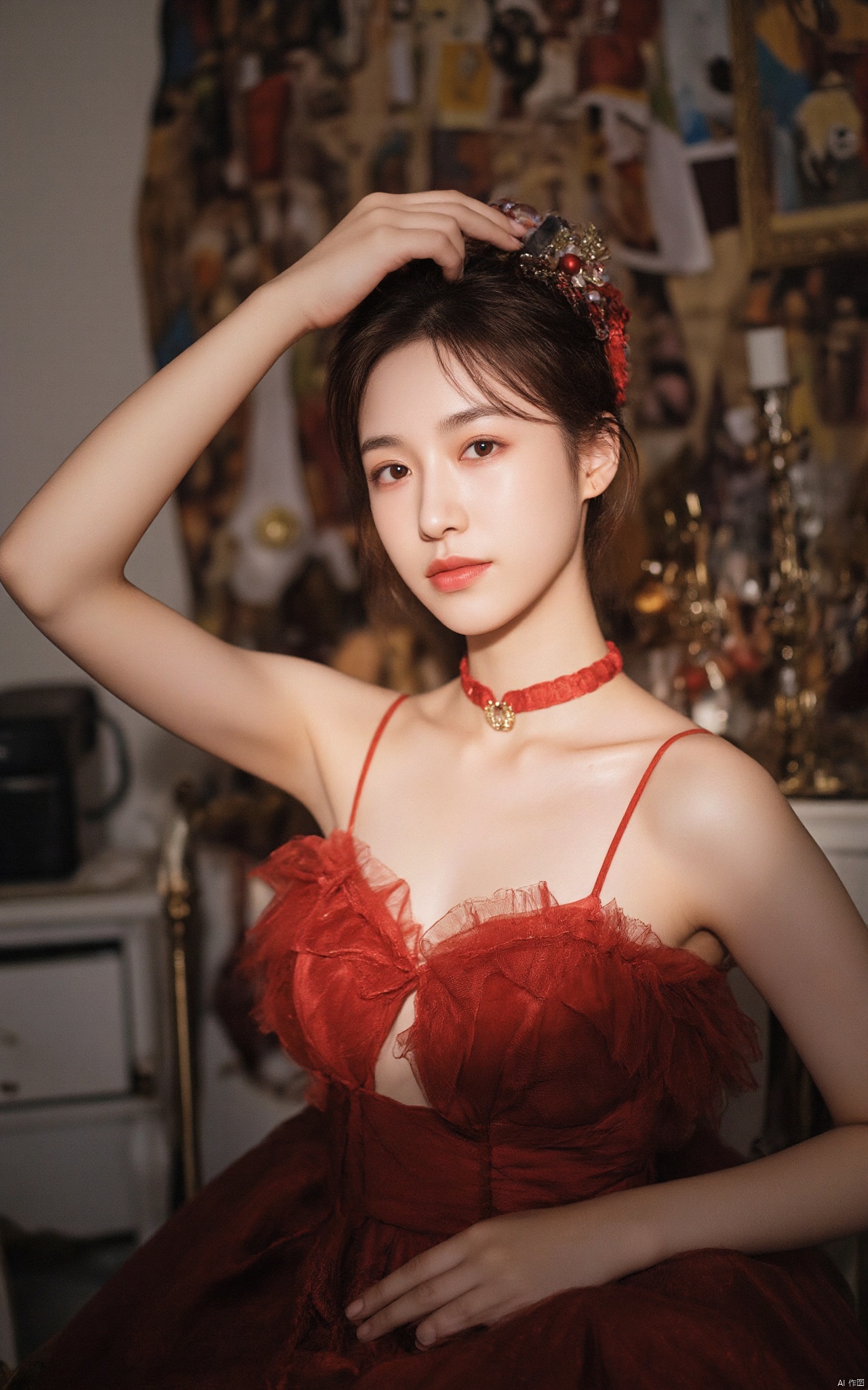 A photograph of beautiful hubggirl, (super realistic, best quality:1.25), depth, cinematic light, BREAK 21yo girl, solo, looking at viewer, HUBG_Red_Ribbon, upper_body, BREAK perfect hands, perfect light, vibrant colors, intricate details, highly detailed skin, pale skin, photorealistic, raw, analog, taken by Sony Alpha 7R IV, Zeiss Otus 85mm F1.4, ISO 100 Shutter Speed 1/400, Vivid picture, intricate background,