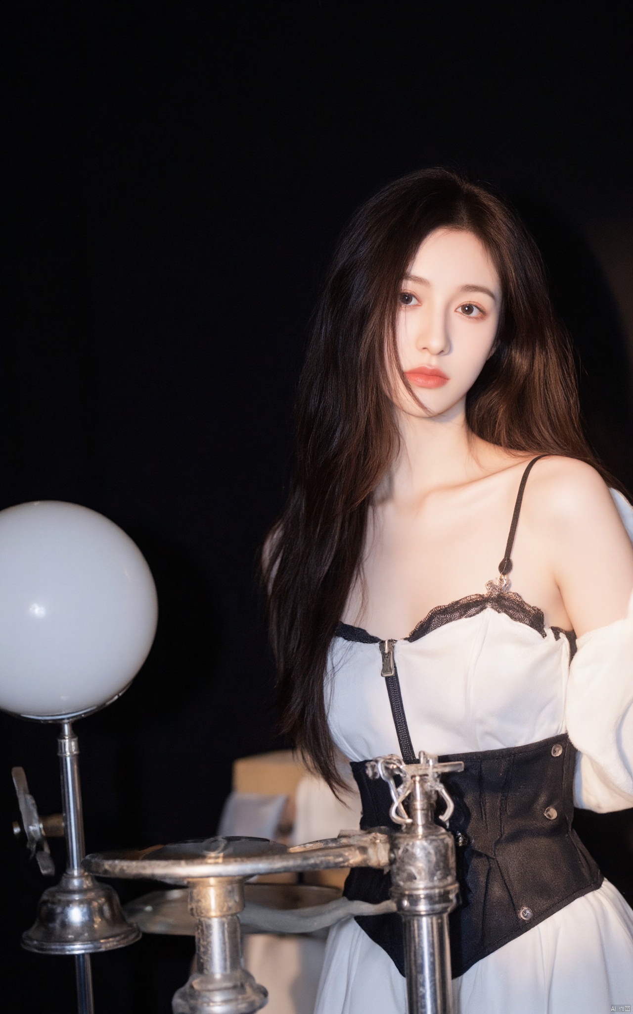 a woman with long, straight black hair stands in front of a dark backdrop. She is facing the left side of the frame, her face is angled slightly to the right. Her hair cascades over her shoulders, framing her face. She's dressed in a black and white corset, with a white hoodie draped over her neck. The corset has a unique design on the front, adding a touch of contrast to her outfit. To the left of her, a white globe-like object casts a shadow on the right of her.