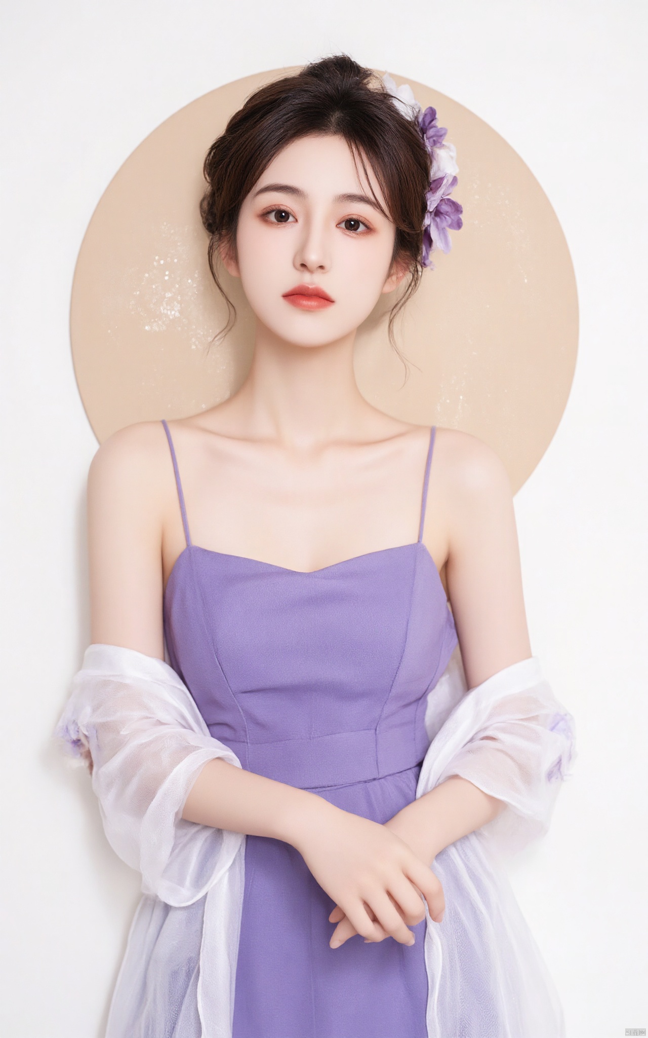 a young Asian woman stands in front of a white backdrop. She is dressed in a purple strapless dress adorned with white flowers. Her hair is styled in a wreath of purple flowers, adding a touch of beauty to the scene. Her dress is adorned with a sheer sheer white robe draped across her body. Her hands are clasped in her lap. Her eyes are a piercing blue, her lips are a darker shade of blue. Her eyebrows are a light brown, and her hair is a darker brown. The backdrop is a stark white, with a brown circle in the center.