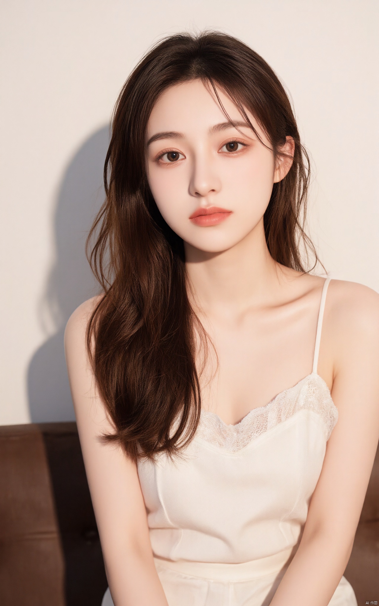 a medium-sized Asian woman with long, straight brown hair is seated on a brown couch. She is wearing a white sleeveless blouse with a white lace trim. Her lips are a light pink color, adding a touch of pink to her lips. Her eyes are a piercing blue, and her eyebrows are a darker shade of brown. The backdrop is a plain white wall, and a shadow is visible on the left side of the image.