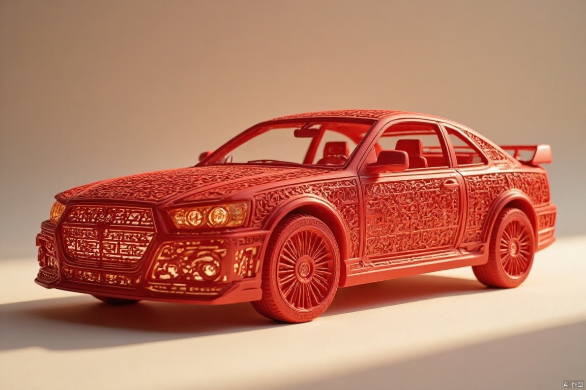 car,Chinese style paper carving, paper-cut style, light and shadow, intangible cultural heritage, details, 4K, red theme, close-up, depth of field,paper-carving,