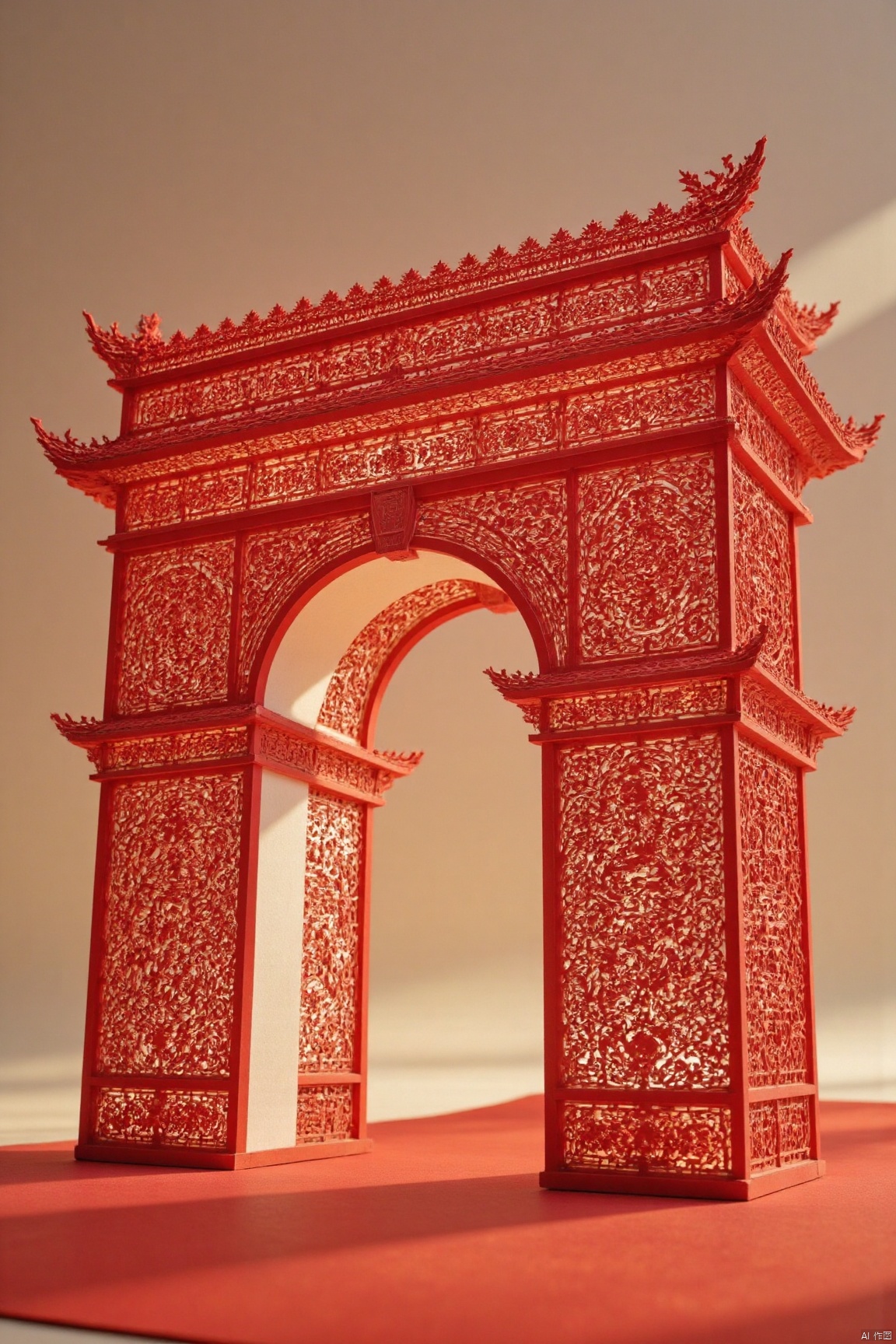 building,Chinese style paper carving, paper-cut style, light and shadow, intangible cultural heritage, details, red theme, close-up, depth of field,