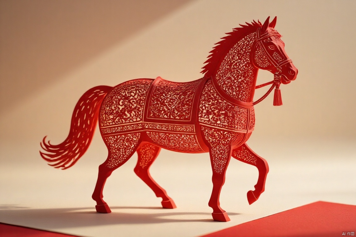 horse,Chinese style paper carving, paper-cut style, light and shadow, intangible cultural heritage, details, 4K, red theme, close-up, depth of field,paper-carving,