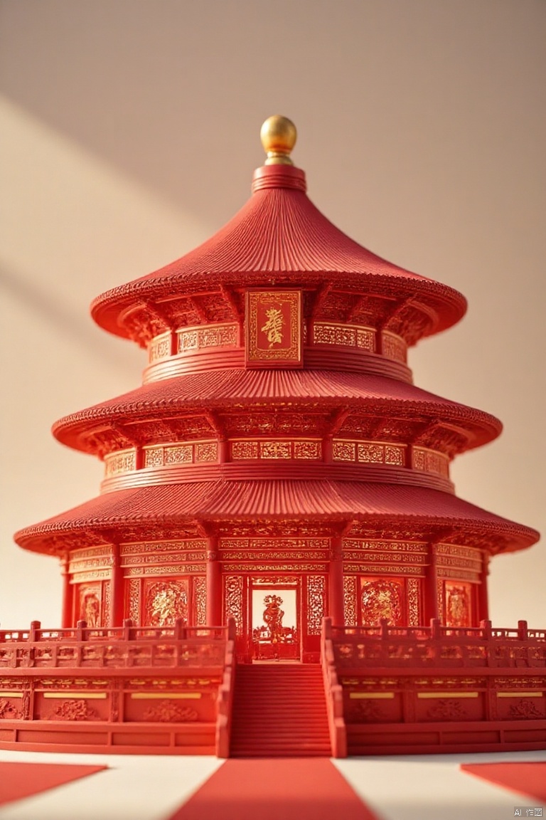 Chinese style paper carving, paper-cut style, vividly on the paper, light and shadow, Spring Festival, intangible cultural heritage, details, 4K, red theme, close-up, depth of field,paper-carving,temple of heaven