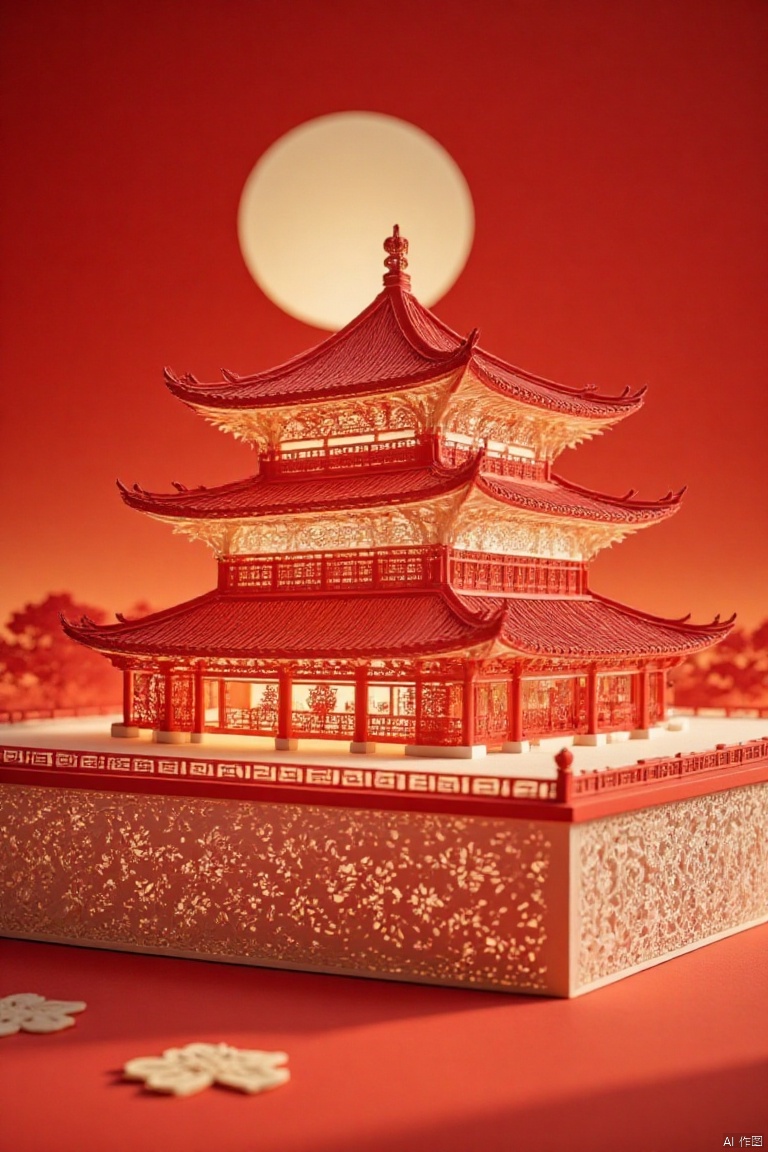 A close-up shot of intricately crafted Chinese-style paper carvings, set against a warm red background that adds depth to the composition. The paper-cut style artistry is showcased through delicate details and clever use of light and shadow, highlighting the intangible cultural heritage. Shot in 4K, the camera captures the texture and dimensionality of each piece, inviting the viewer to explore the intricate craftsmanship.